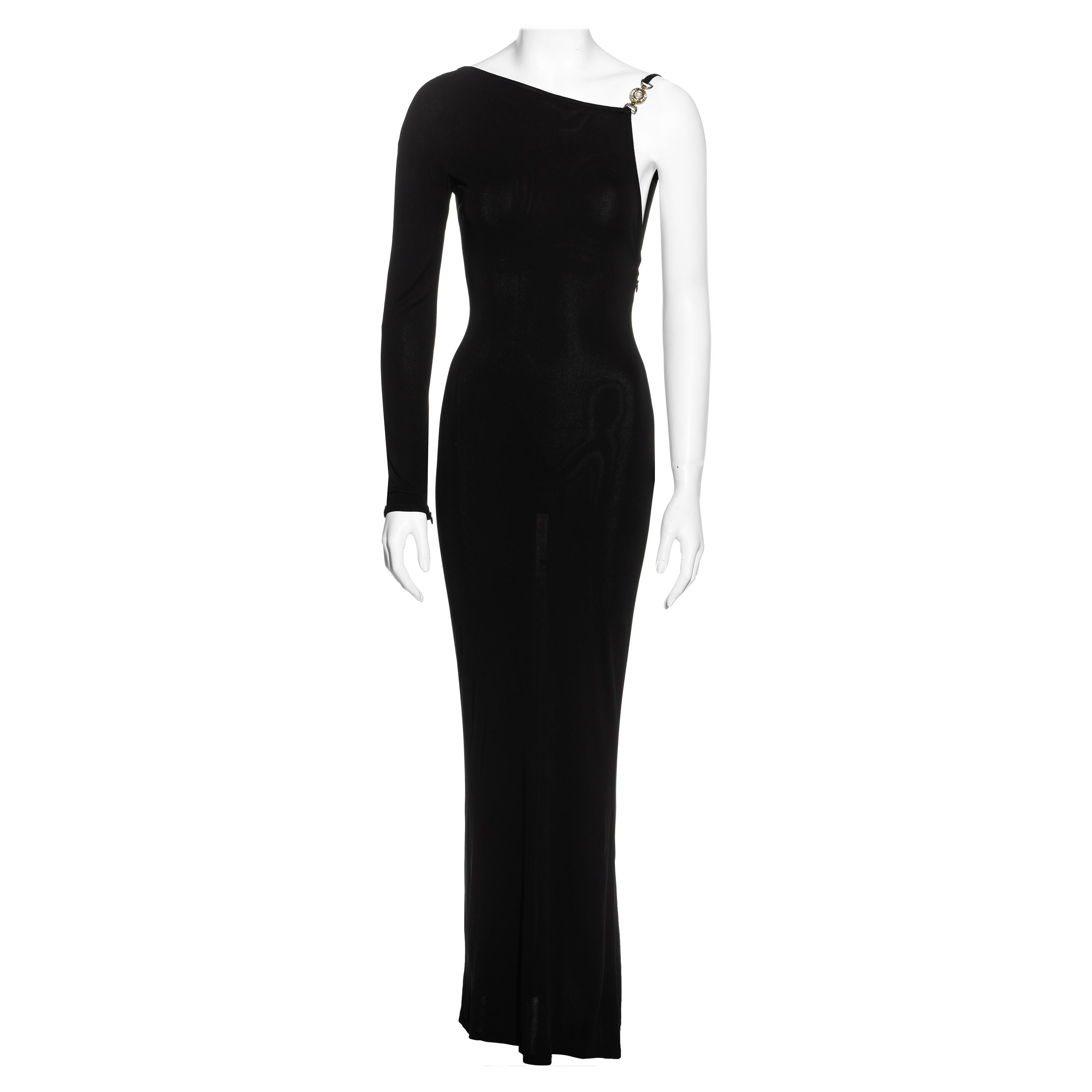 Gianni Versace black rayon one shoulder evening dress, 1996 For Sale