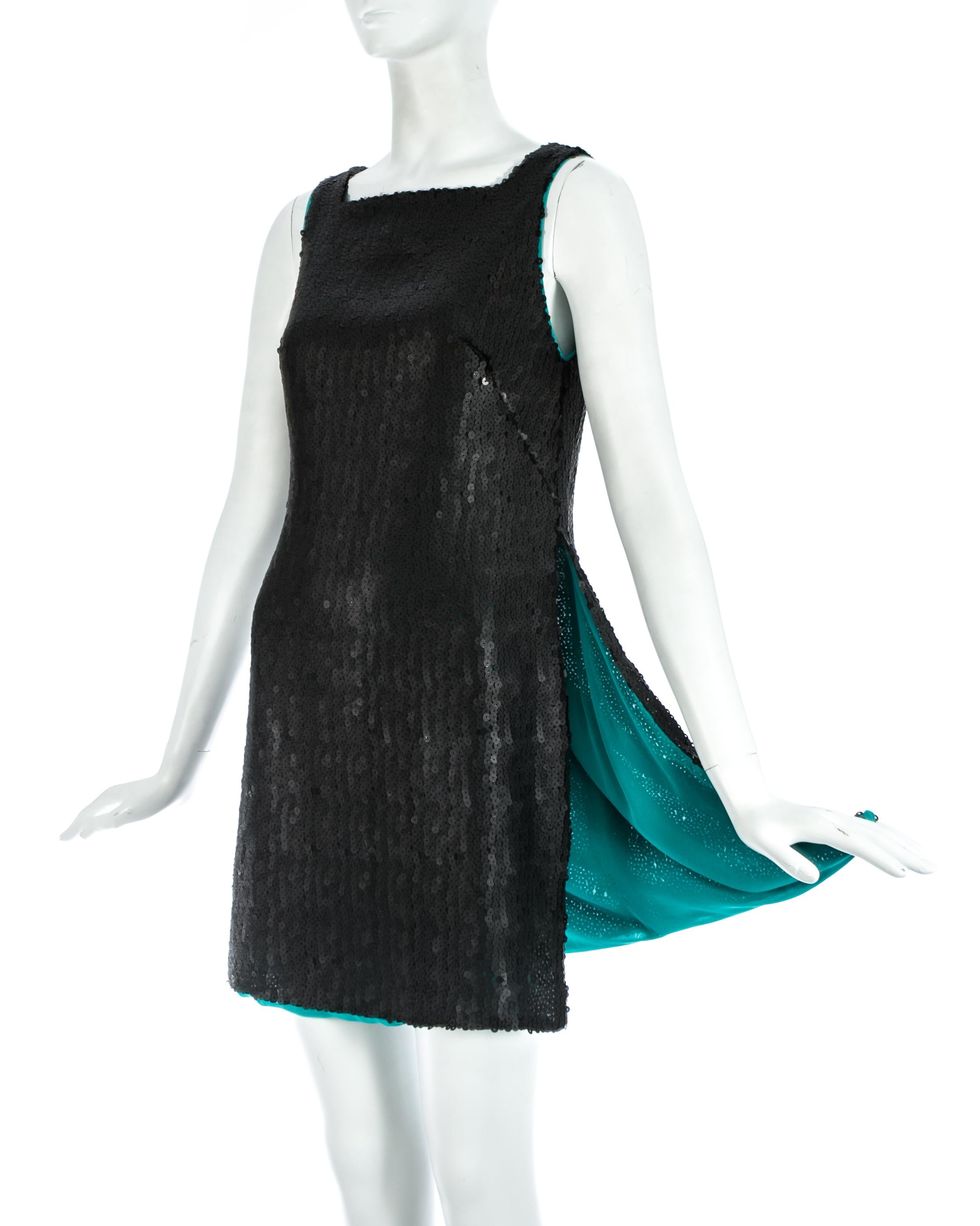 Black sequin mini dress / tunic with extra high side slits and turquoise silk chiffon lining 

Autumn-Winter 1999