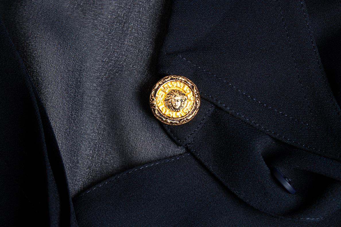Gianni Versace, Black silk blouse with medusa buttons For Sale 1