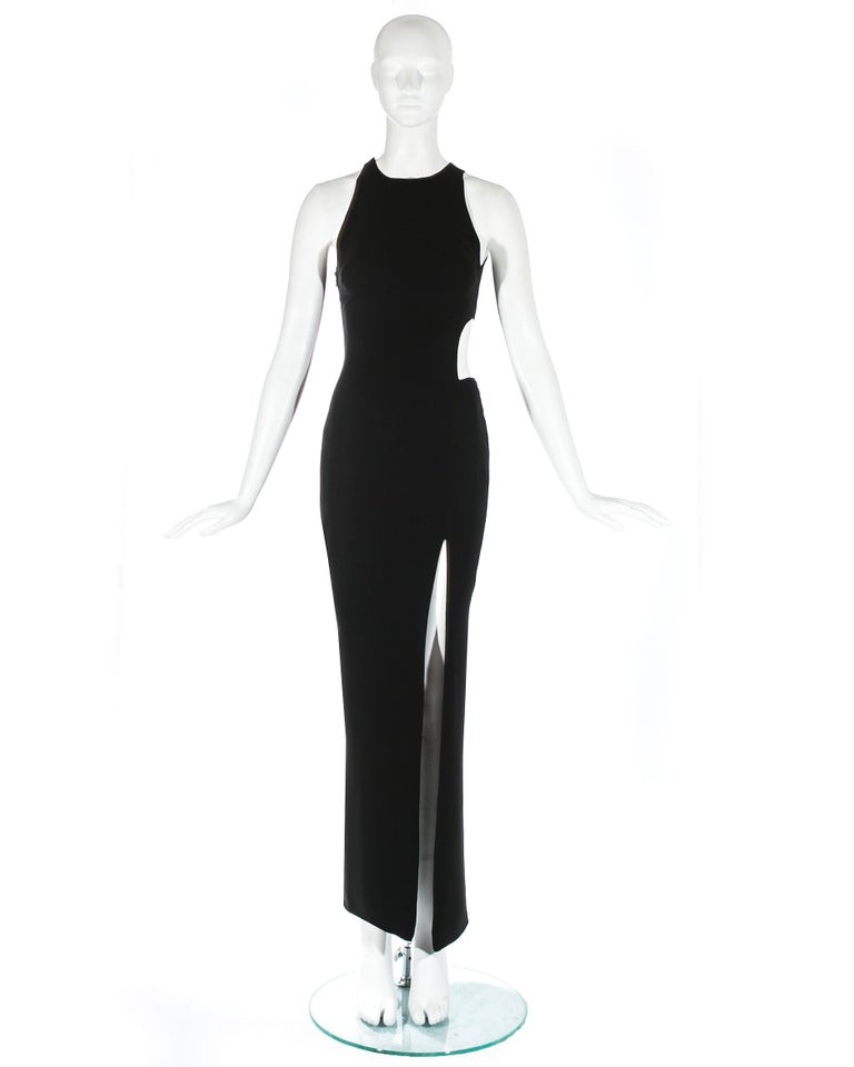 Gianni Versace black silk evening dress with cut out and leg slit, ss ...