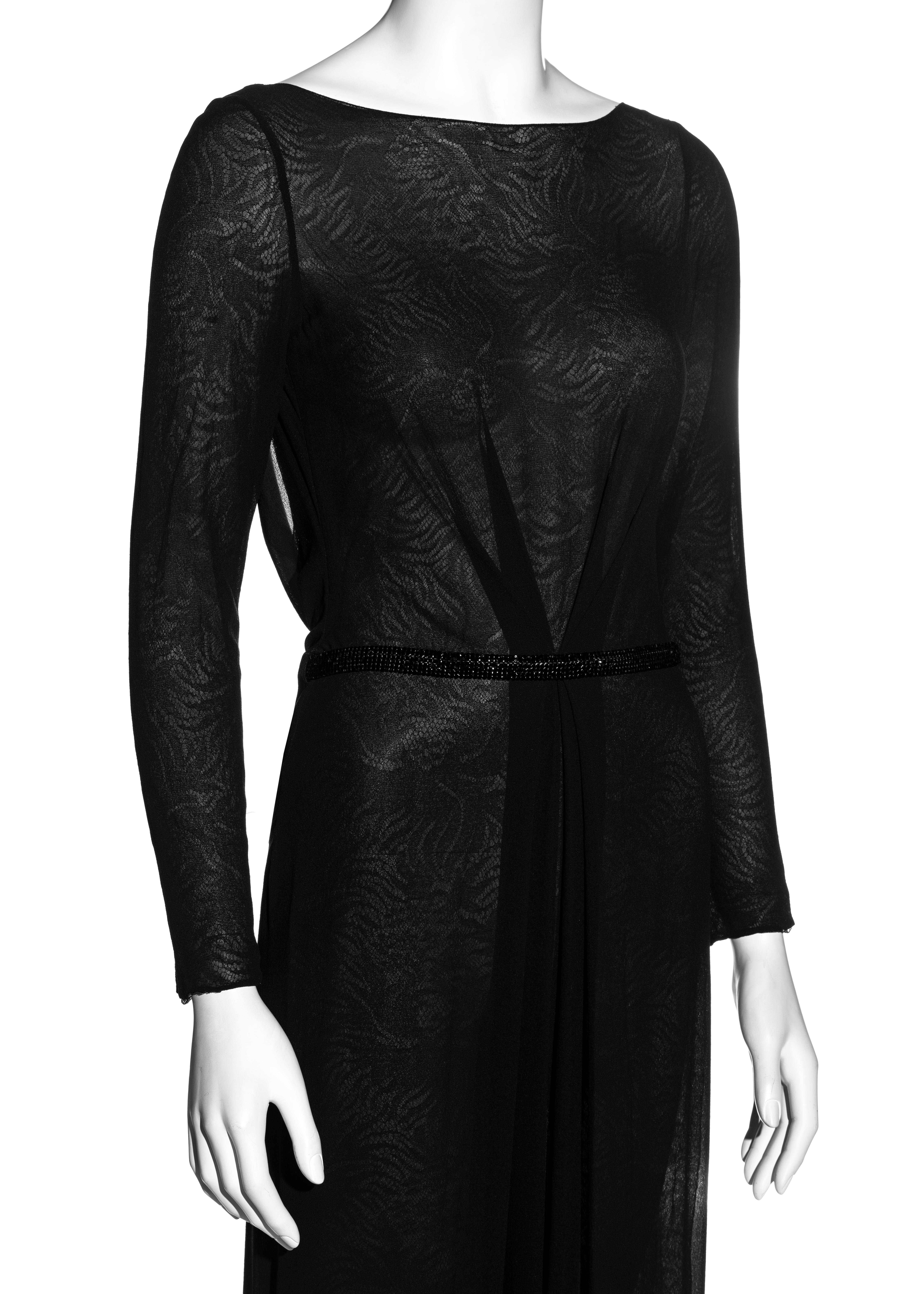 Black Gianni Versace black silk evening wrap dress with lace underlay, fw 2000 For Sale