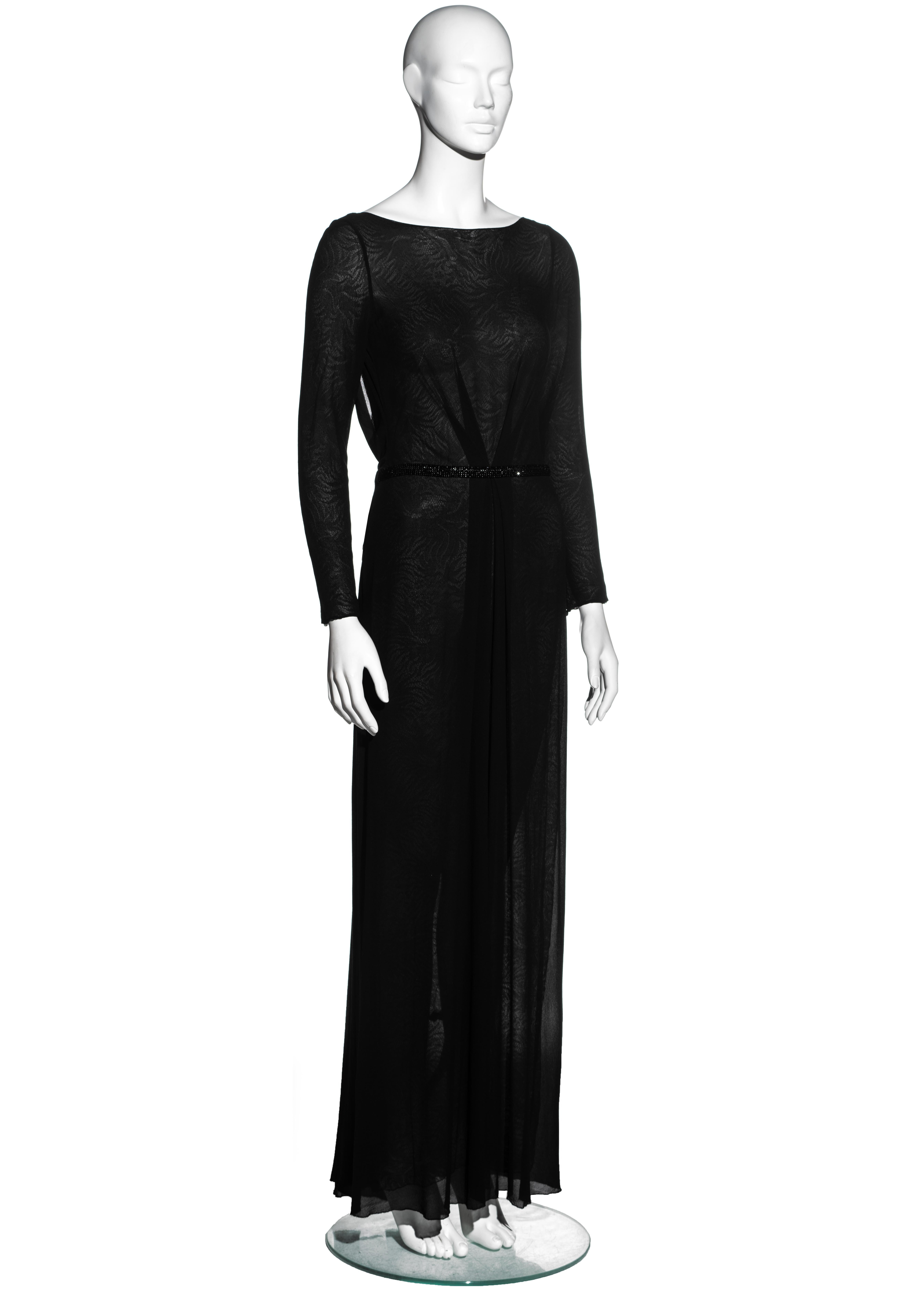 Women's Gianni Versace black silk evening wrap dress with lace underlay, fw 2000 For Sale