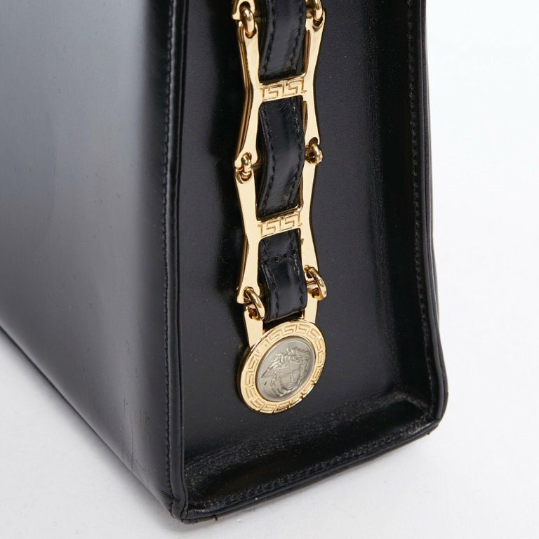 GIANNI VERSACE black smooth leather gold silver Medusa buckle chain