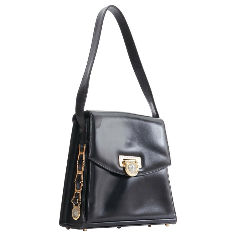 GIANNI VERSACE black smooth leather gold silver Medusa buckle chain trim box bag For Sale