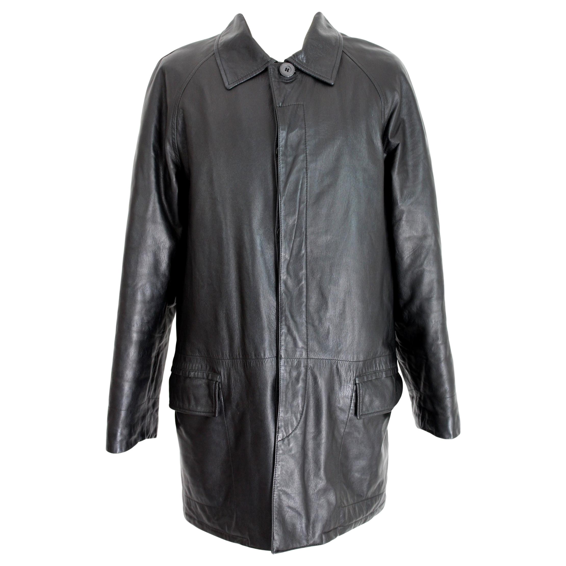 Gianni Versace Black Soft Leather Long Coat 1990s