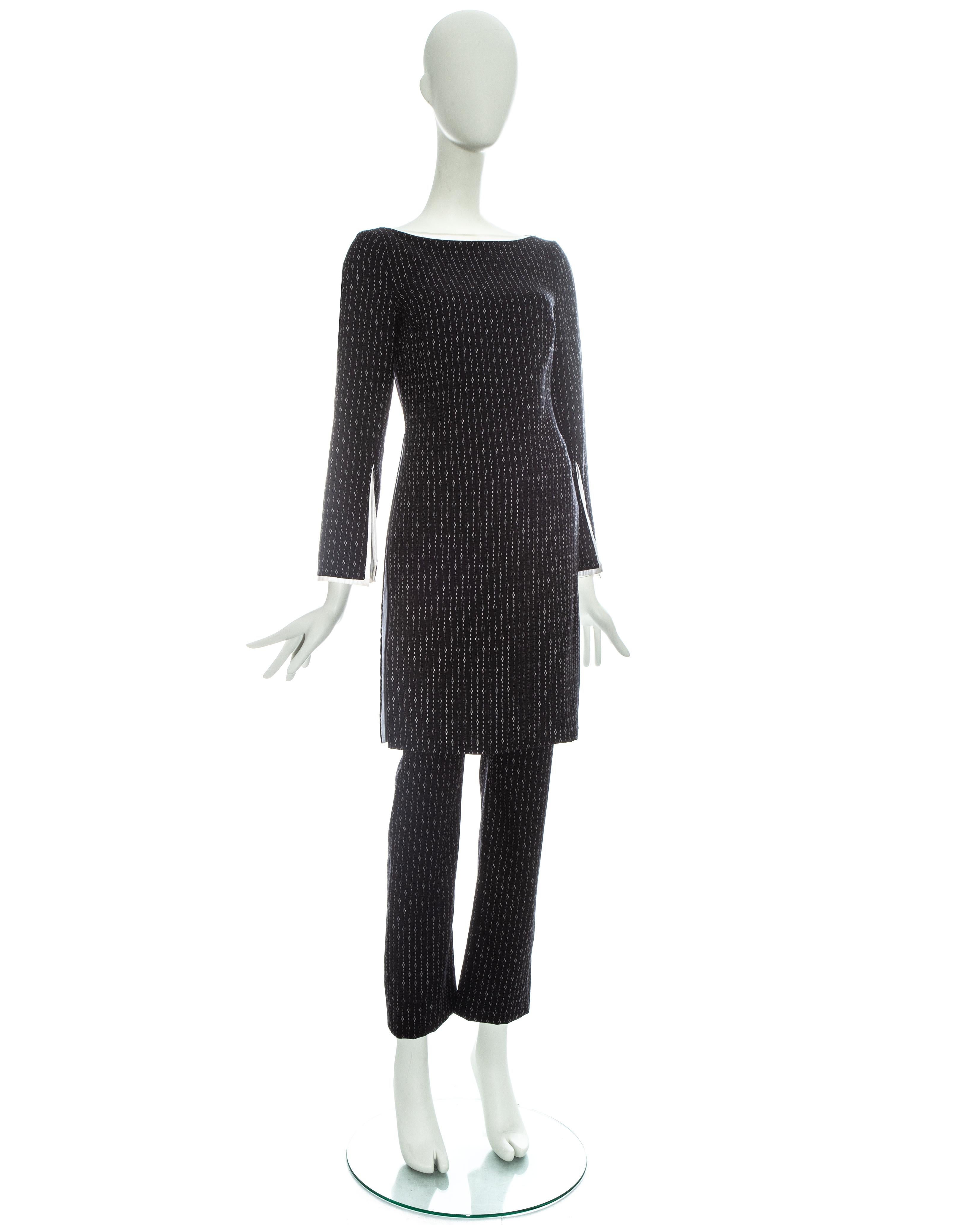 Gianni Versace black striped jacquard wool tunic and pants set. 

Mid length tunic with high slits on side seams and sleeves. High rise slim fit pants.

Fall-Winter 1999