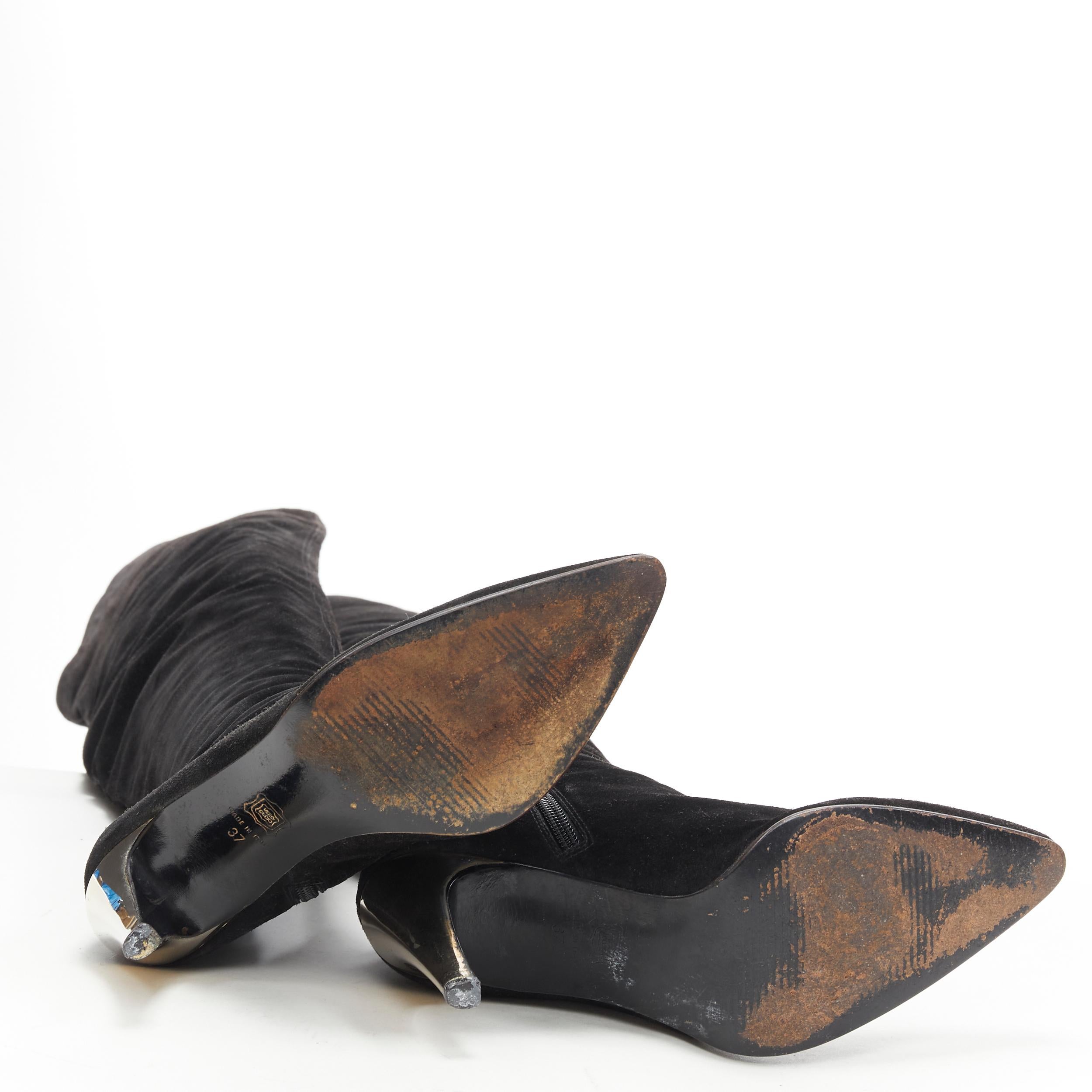 Black GIANNI VERSACE black suede scalloped topline gold heel pointy knee boot EU37 For Sale