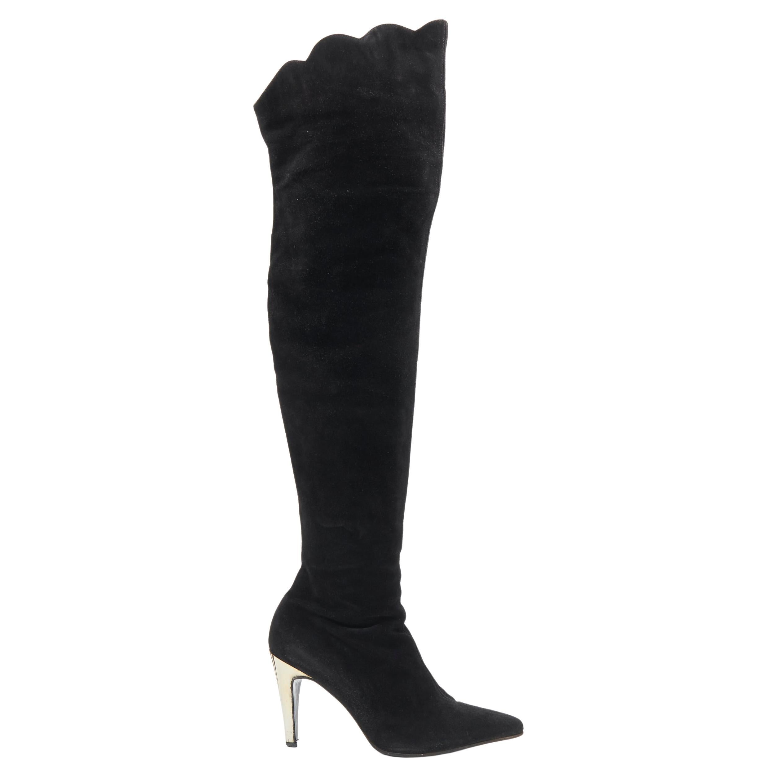 GIANNI VERSACE black suede scalloped topline gold heel pointy knee boot EU37