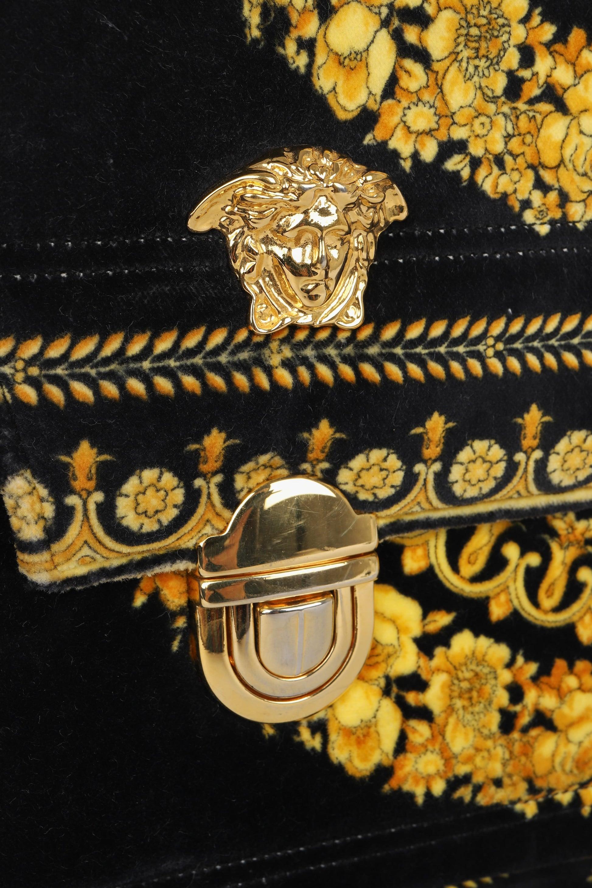 Gianni Versace Black Velvet Bag with Golden Patterns For Sale 1