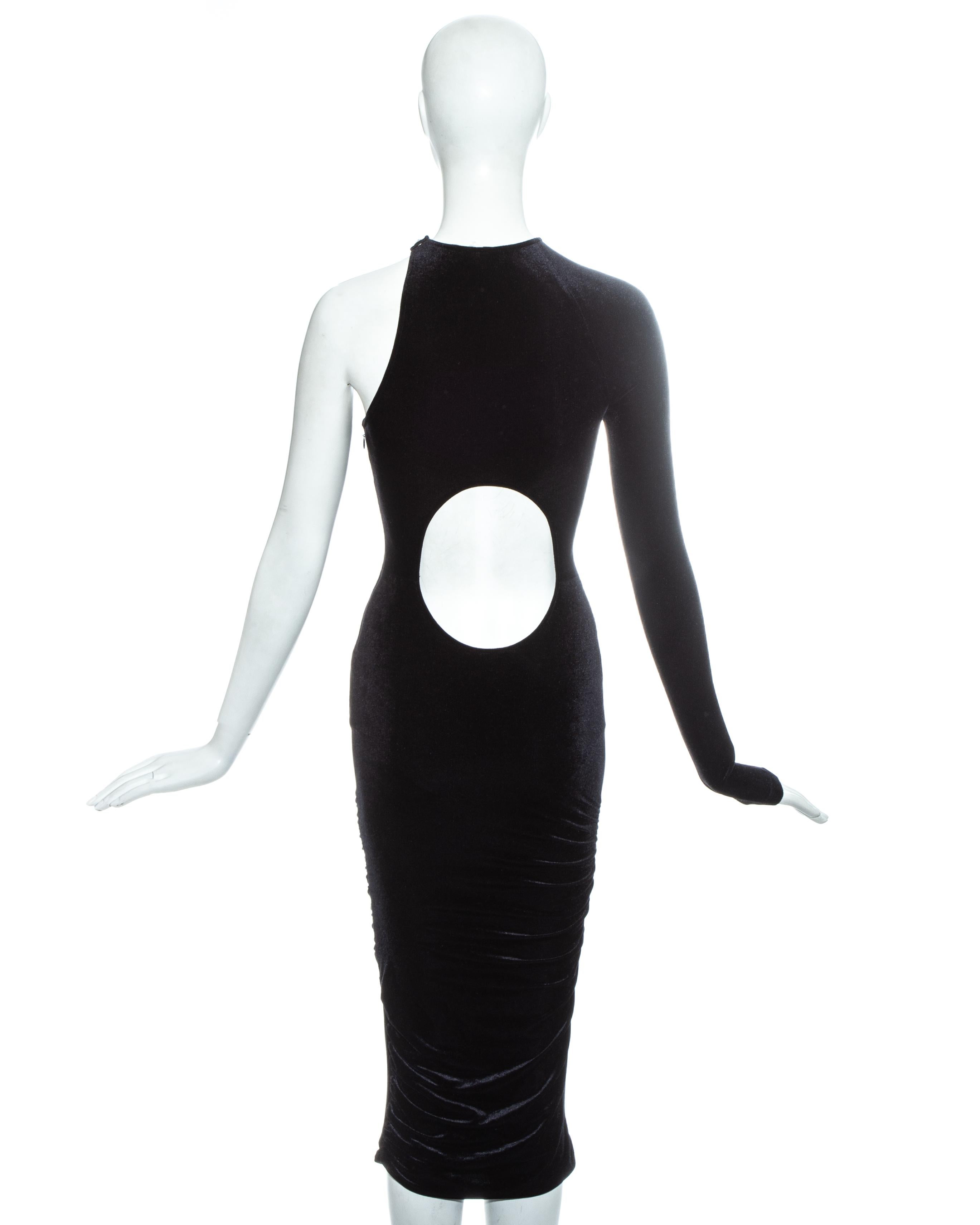 Women's Gianni Versace black velvet one sleeve dress, fw 2004 For Sale