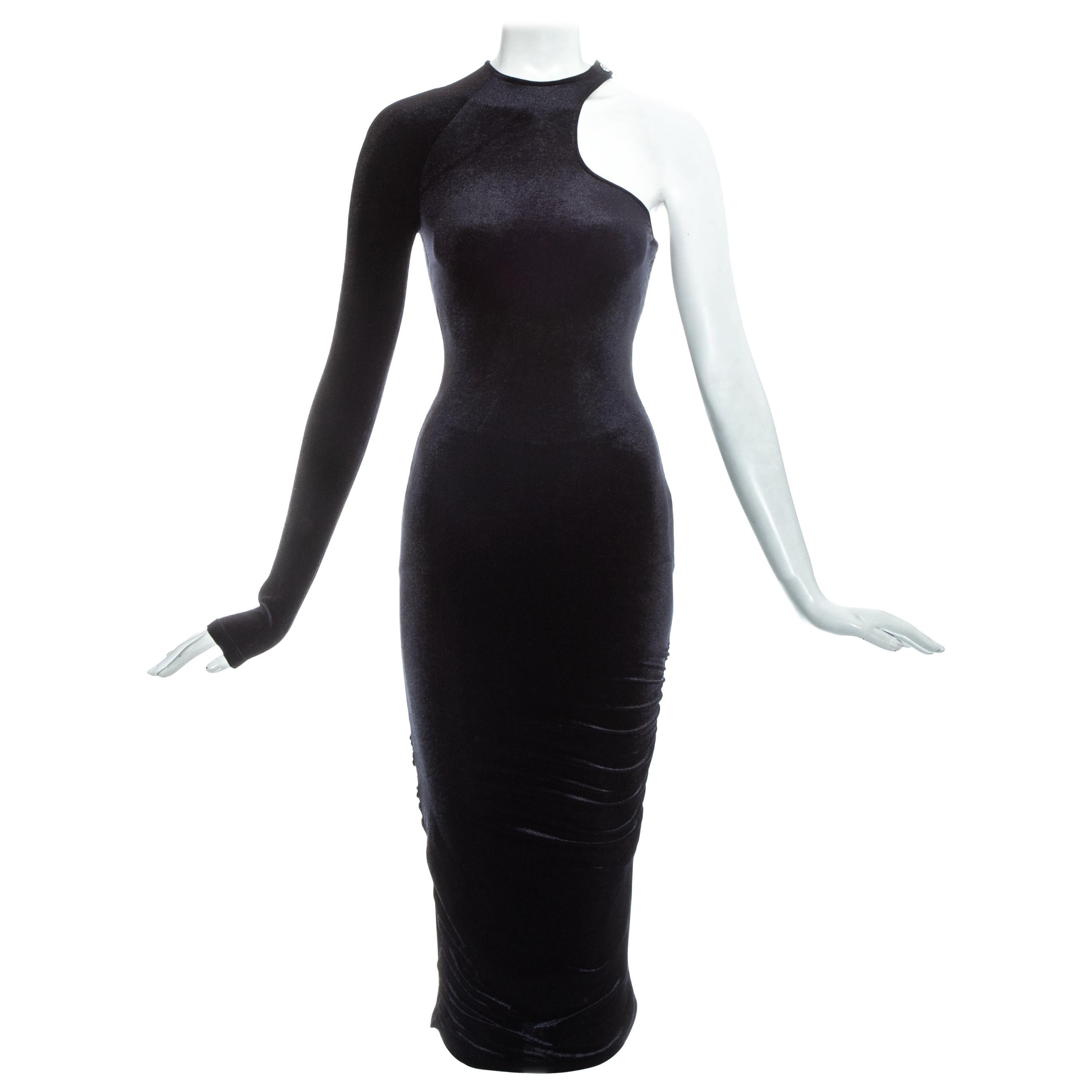 Gianni Versace black velvet one sleeve dress, fw 2004 For Sale