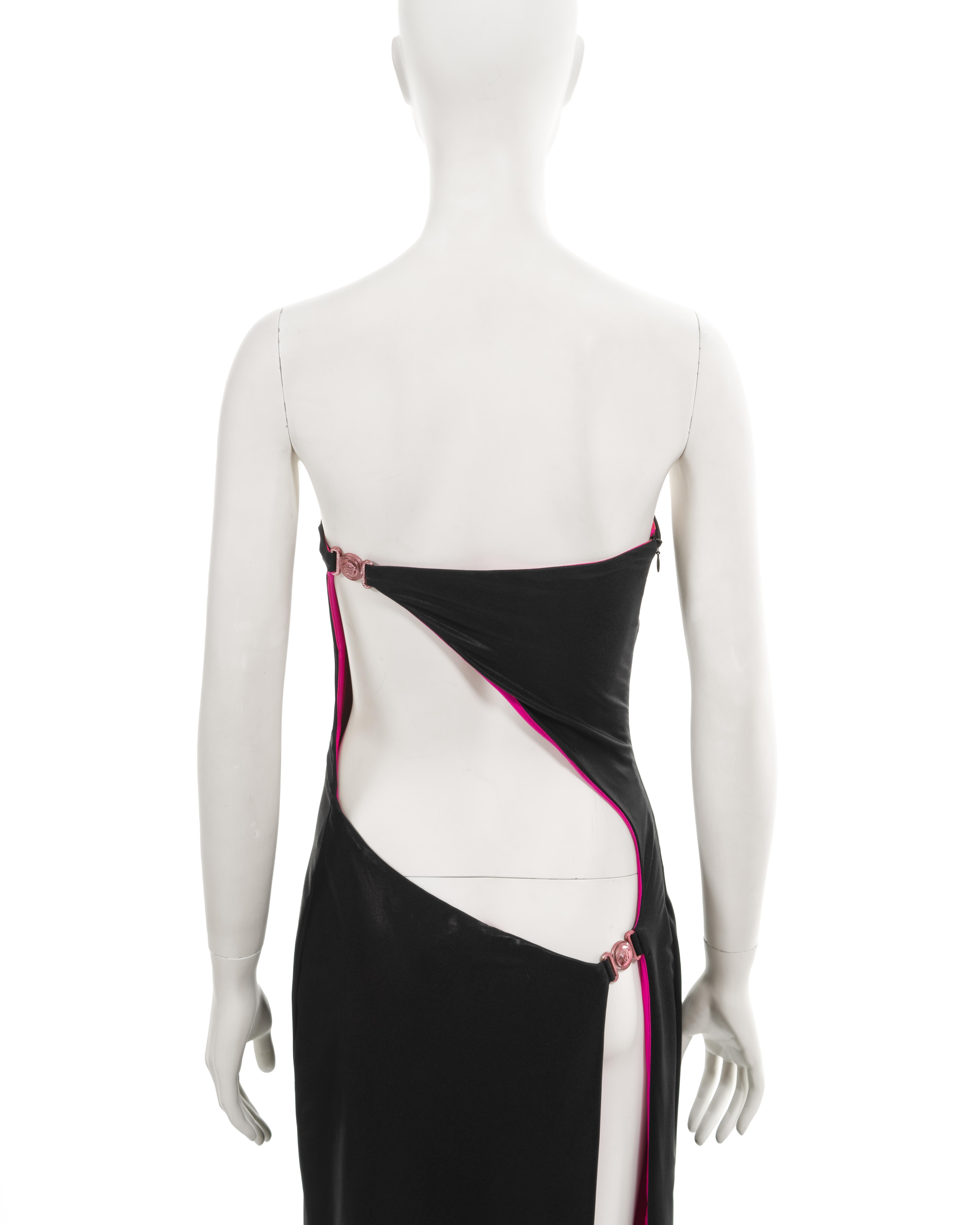 Women's Gianni Versace black wet-look strapless evening dress with cut outs, ss 1998 For Sale