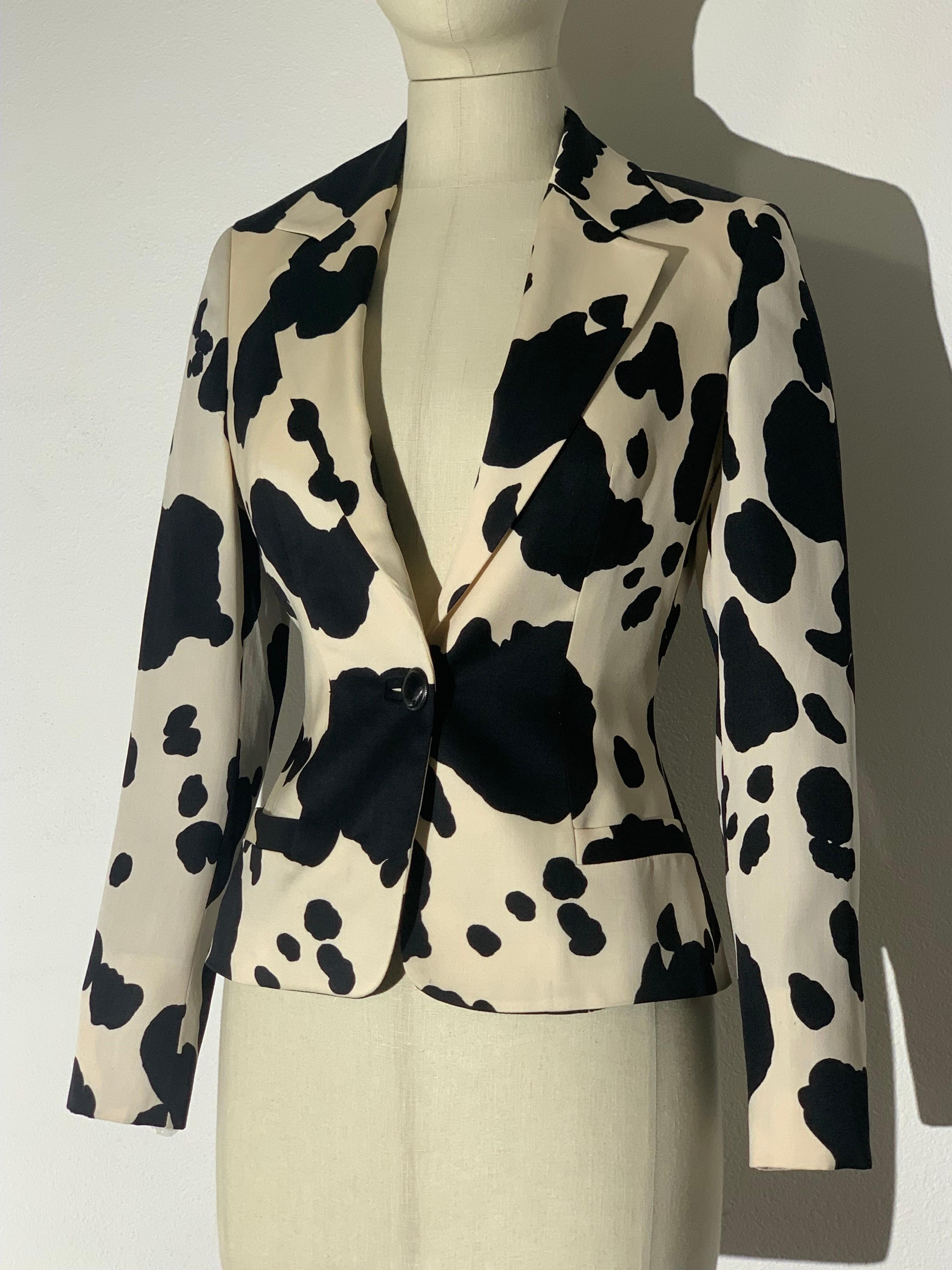 1990s Versus by Gianni Versace Western-Inspired  Black/White Cow Print Wool Gabardine Jacket w Single Button Closure. Peaked lapels. Satin lined. Beautifully shaped body-conscious silhouette. EU size 38.