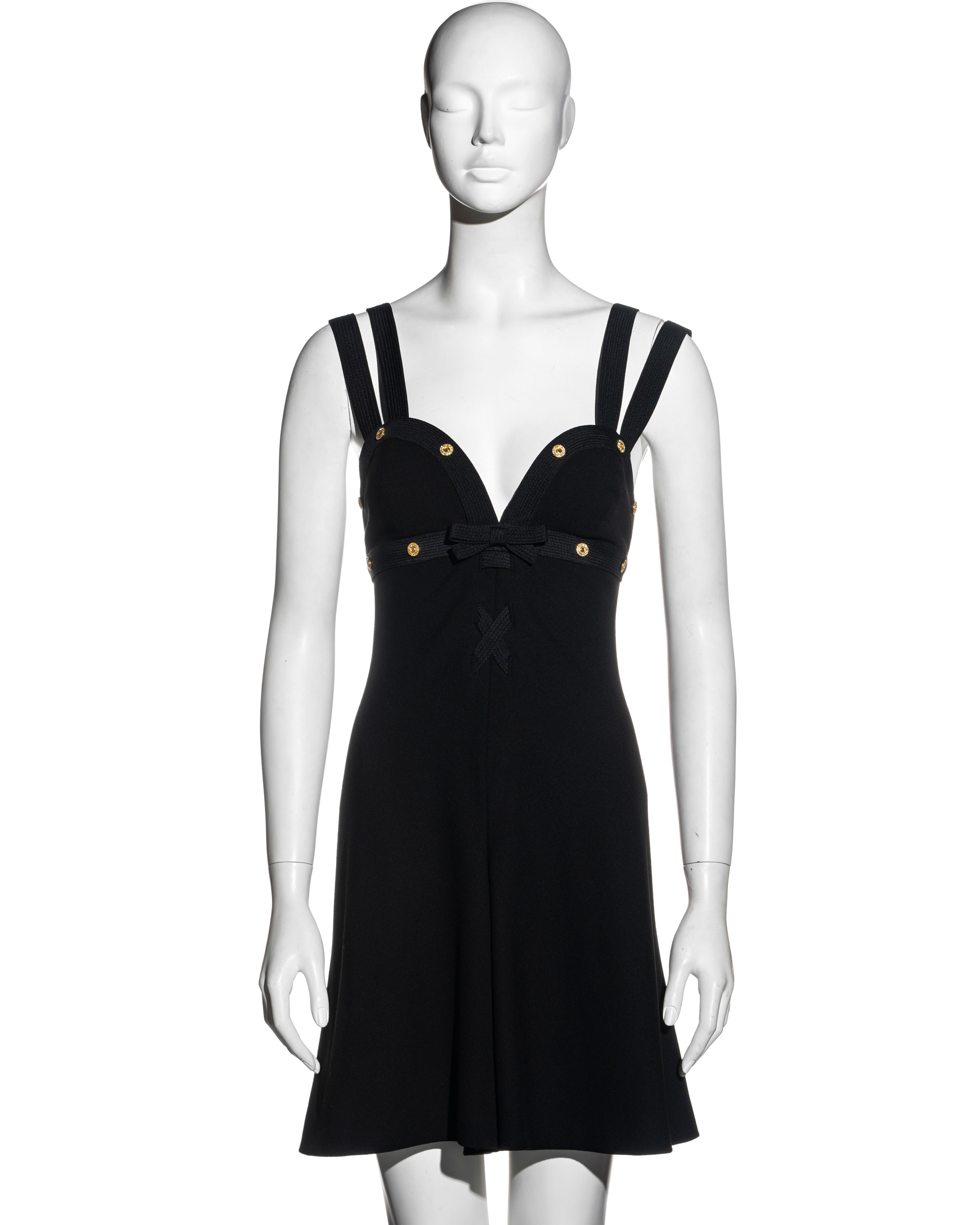 Black Gianni Versace black wool double strap playsuit with gold crystal studs, ss 1992 For Sale