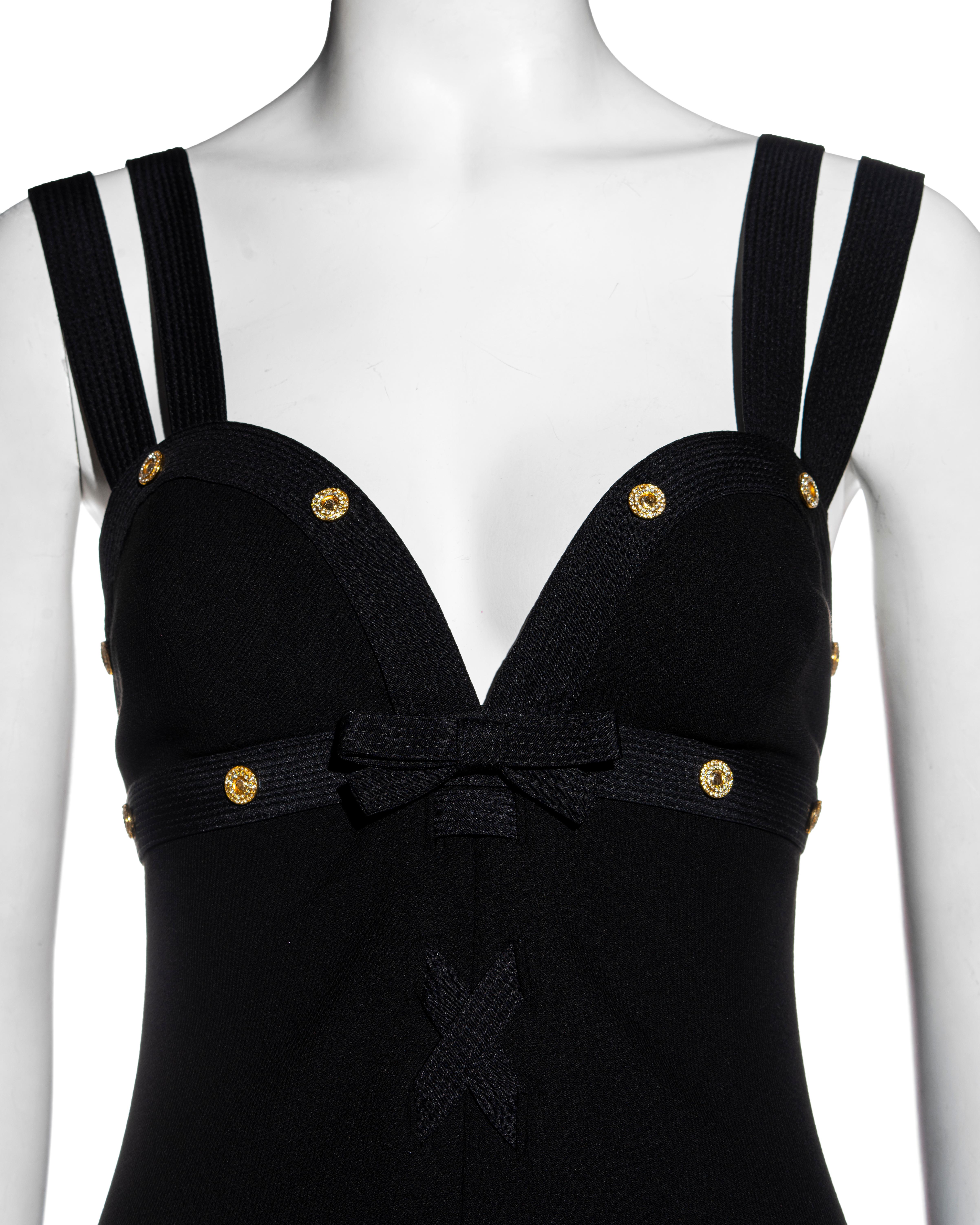 Gianni Versace black wool double strap playsuit with gold crystal studs, ss 1992 In Excellent Condition For Sale In London, GB