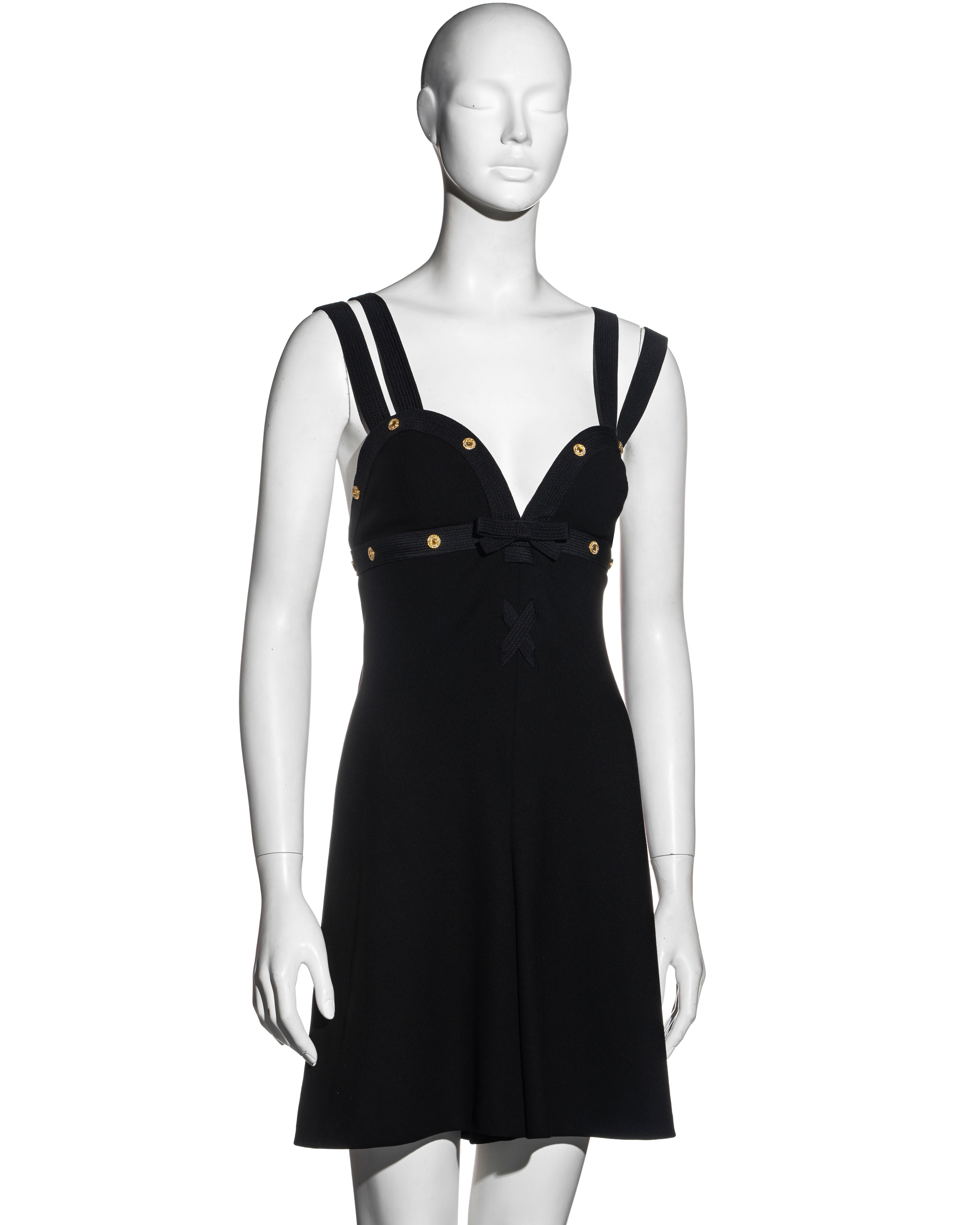 Women's Gianni Versace black wool double strap playsuit with gold crystal studs, ss 1992 For Sale
