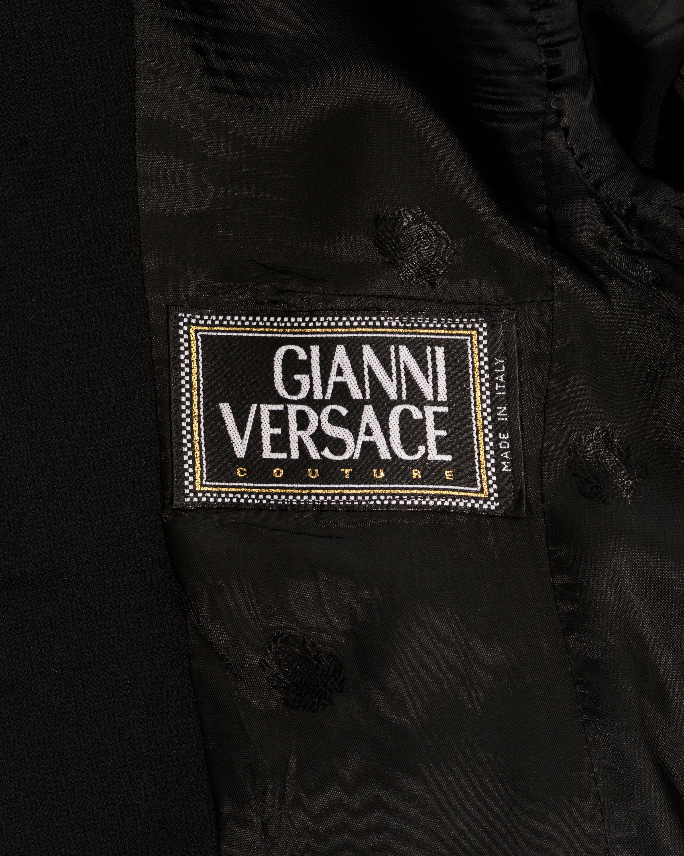 Women's Gianni Versace black wool pant suit with mesh inserts, ss 1998