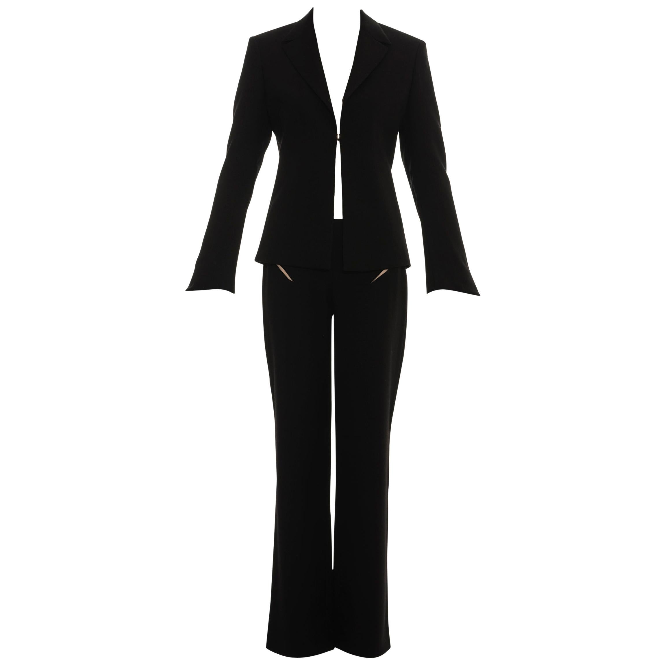 Gianni Versace black wool pant suit with mesh inserts, ss 1998