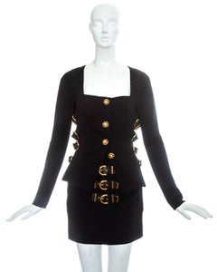 Gianni Versace black wool skirt suit with gold bondage buckles, fw 1992
