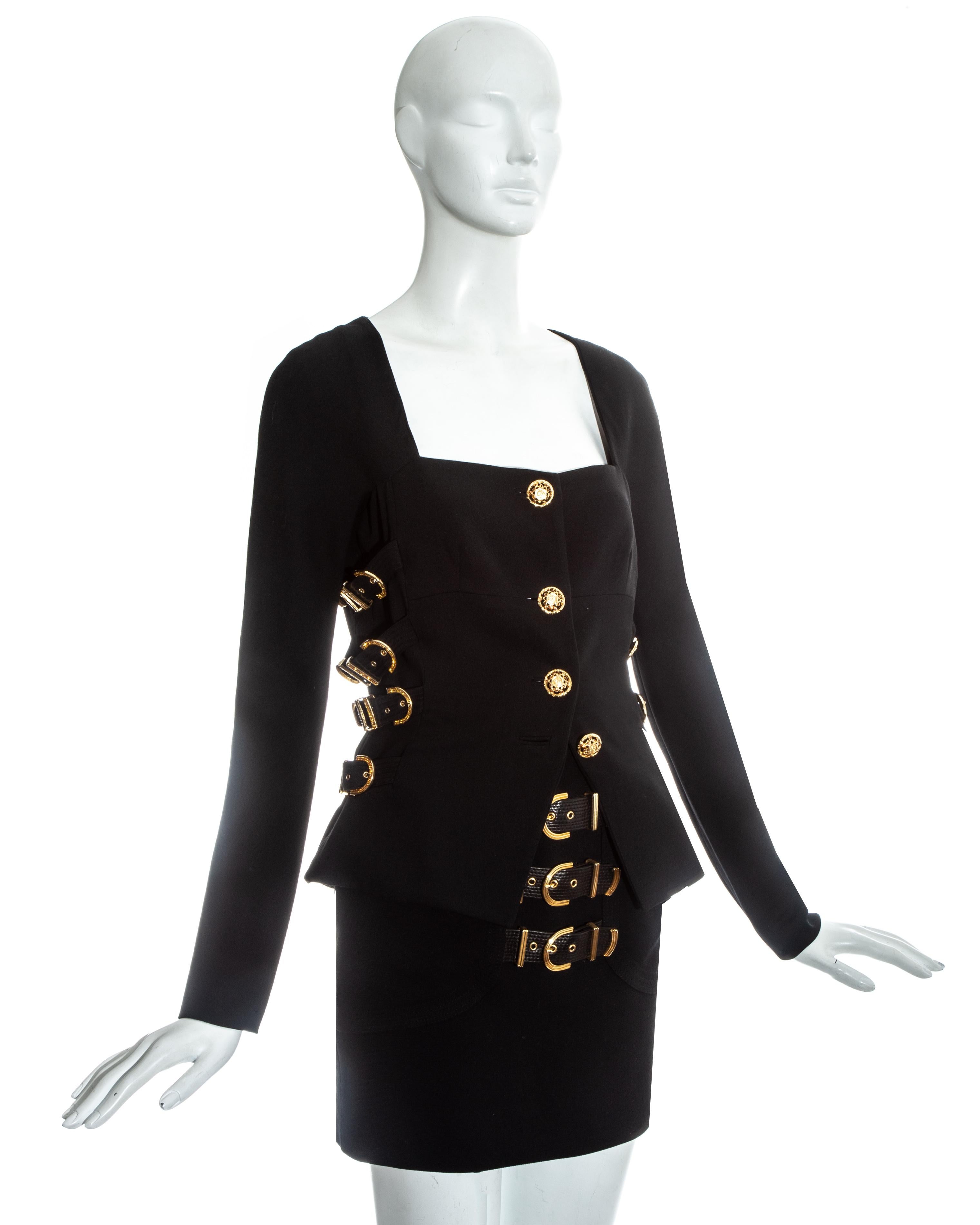 Black Gianni Versace black wool skirt suit with gold bondage buckles, fw 1992