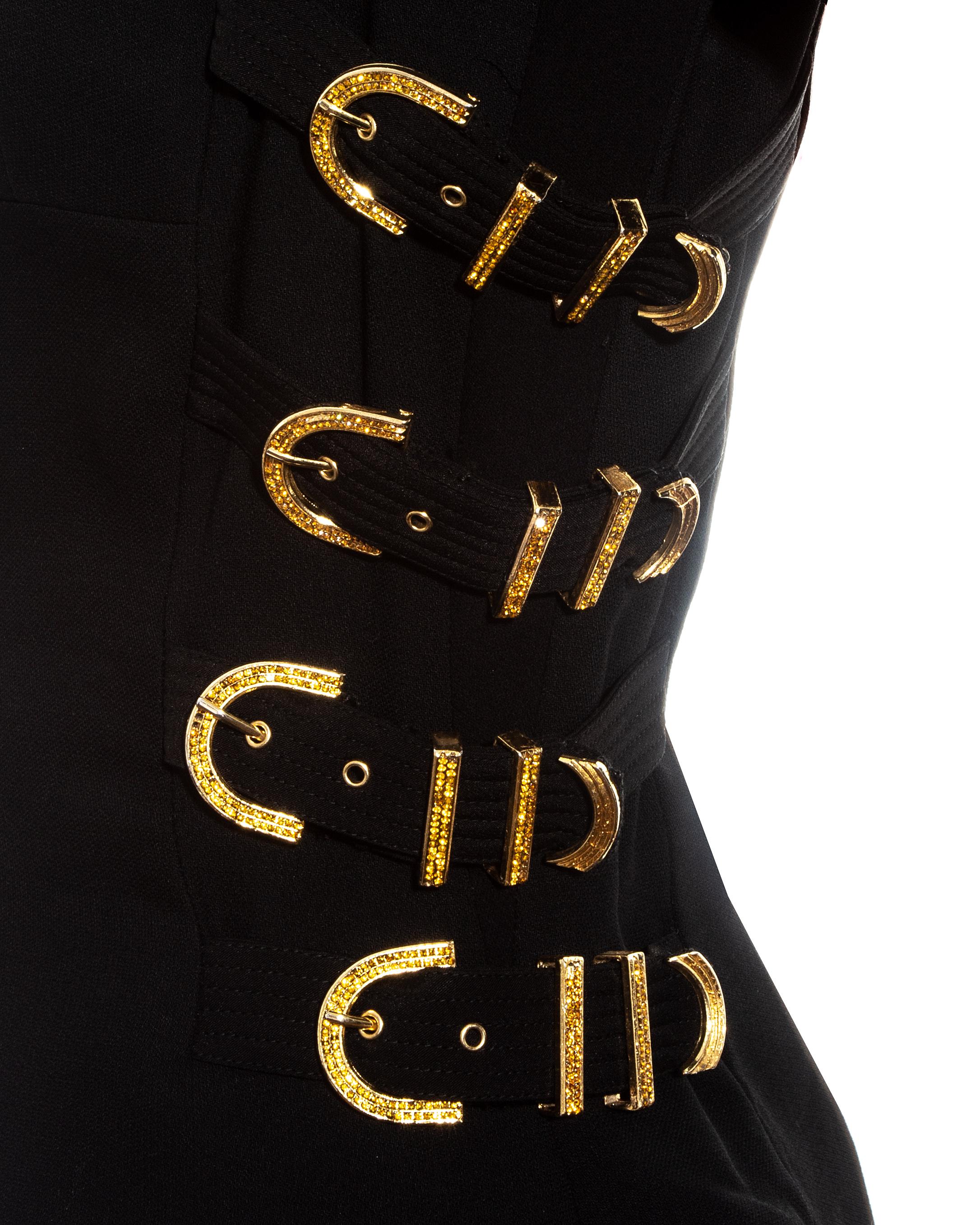 Gianni Versace black wool skirt suit with gold bondage buckles, fw 1992 In Excellent Condition In London, GB