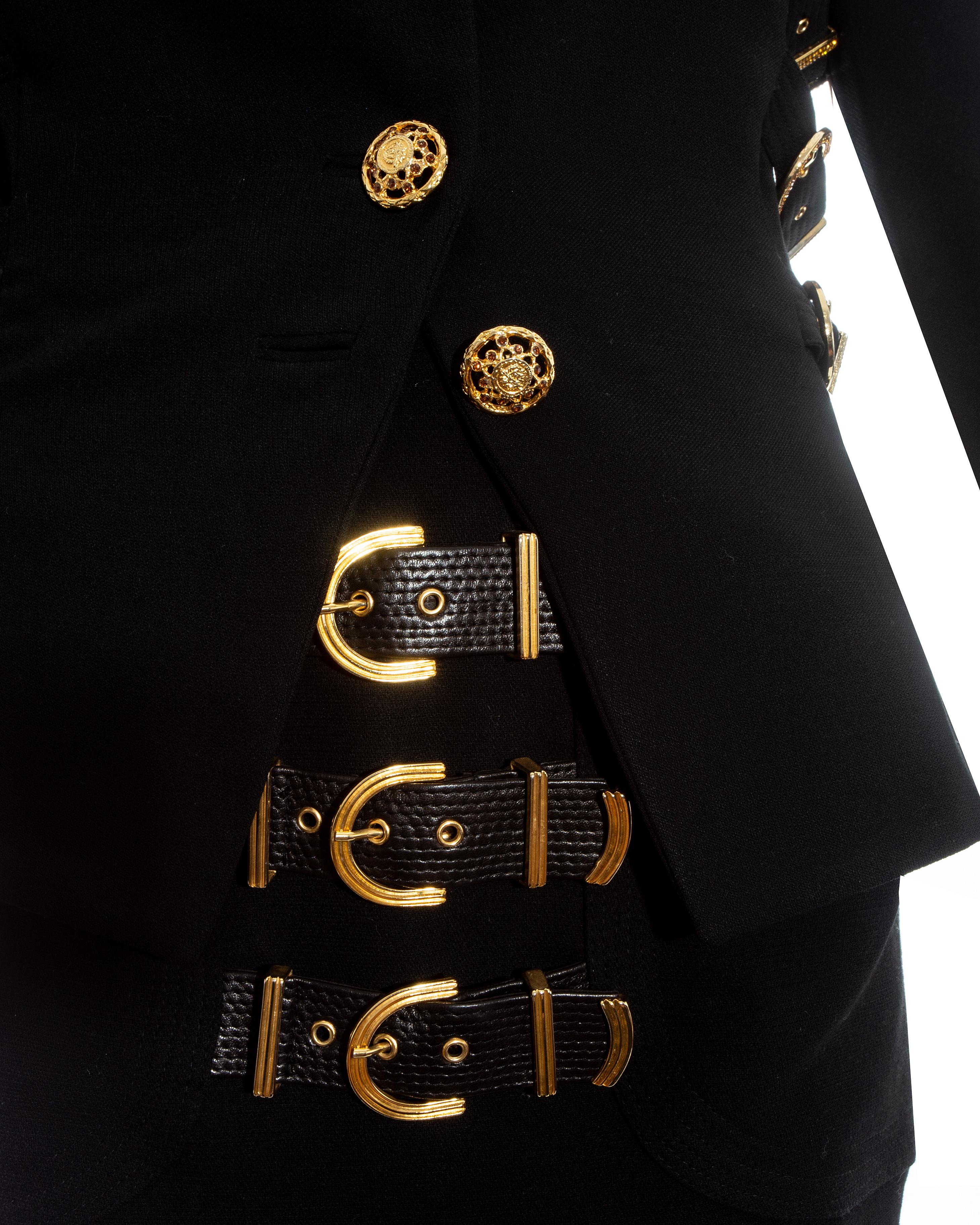 Women's Gianni Versace black wool skirt suit with gold bondage buckles, fw 1992