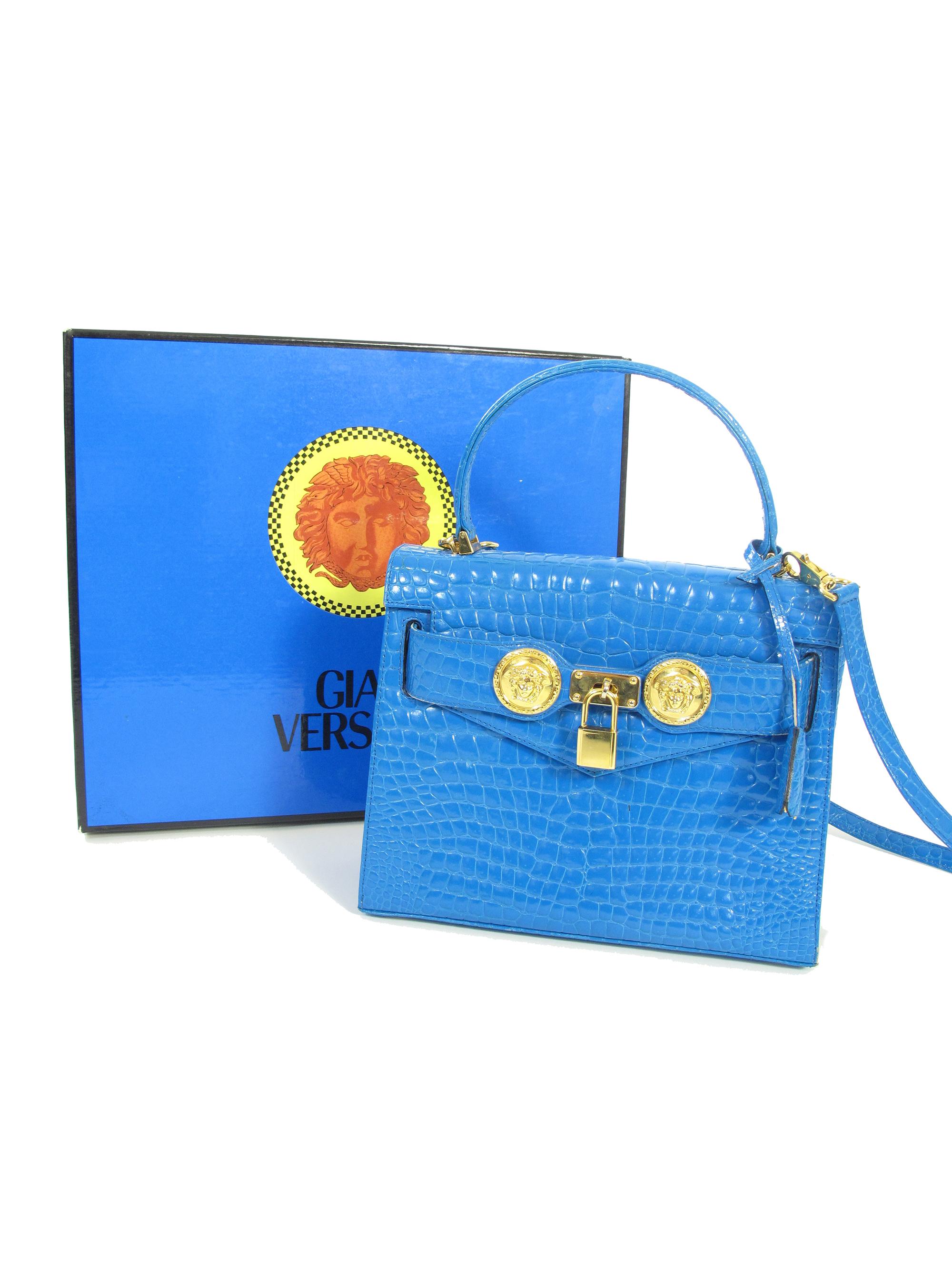Gianni Versace blue croc embossed kelly mini bag from 1997. Condition Very good, minimal wear. With original box. From last Gianni Versace collection. 

 