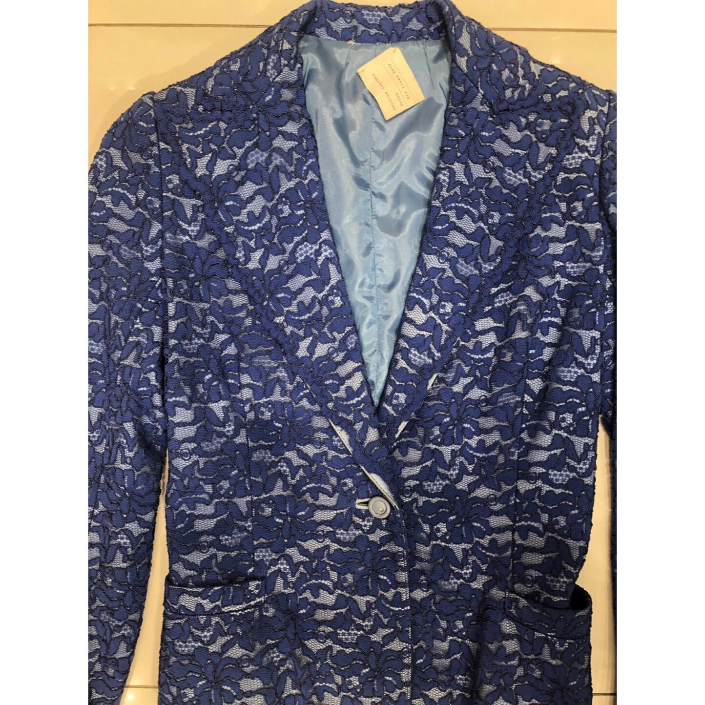 Gianni Versace Blue Lace and Leather Blazer Jacket For Sale 5
