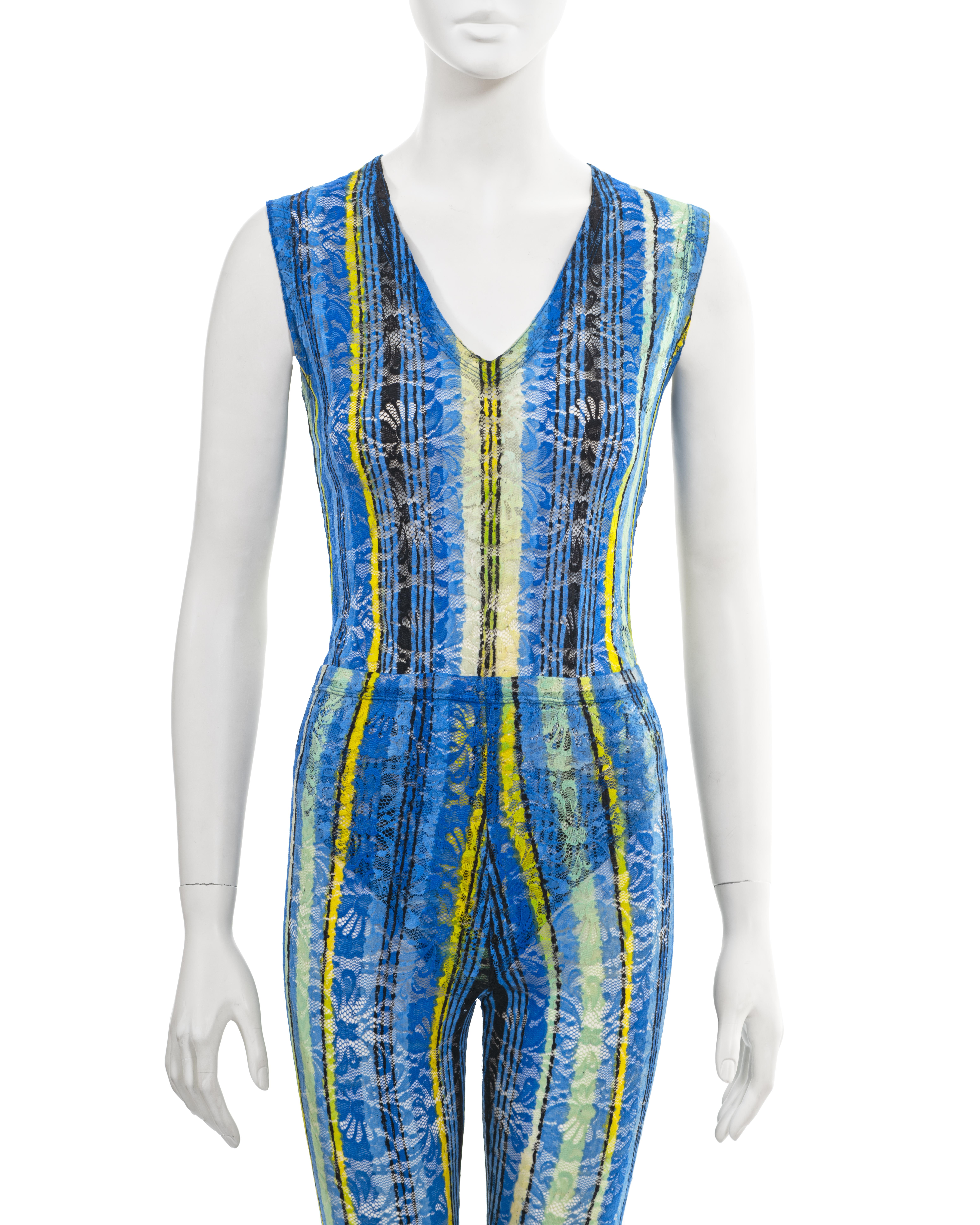 Gianni Versace: blauer Spitzen-Bodysuit und Leggings-Set, fw 1993 im Zustand „Gut“ im Angebot in London, GB