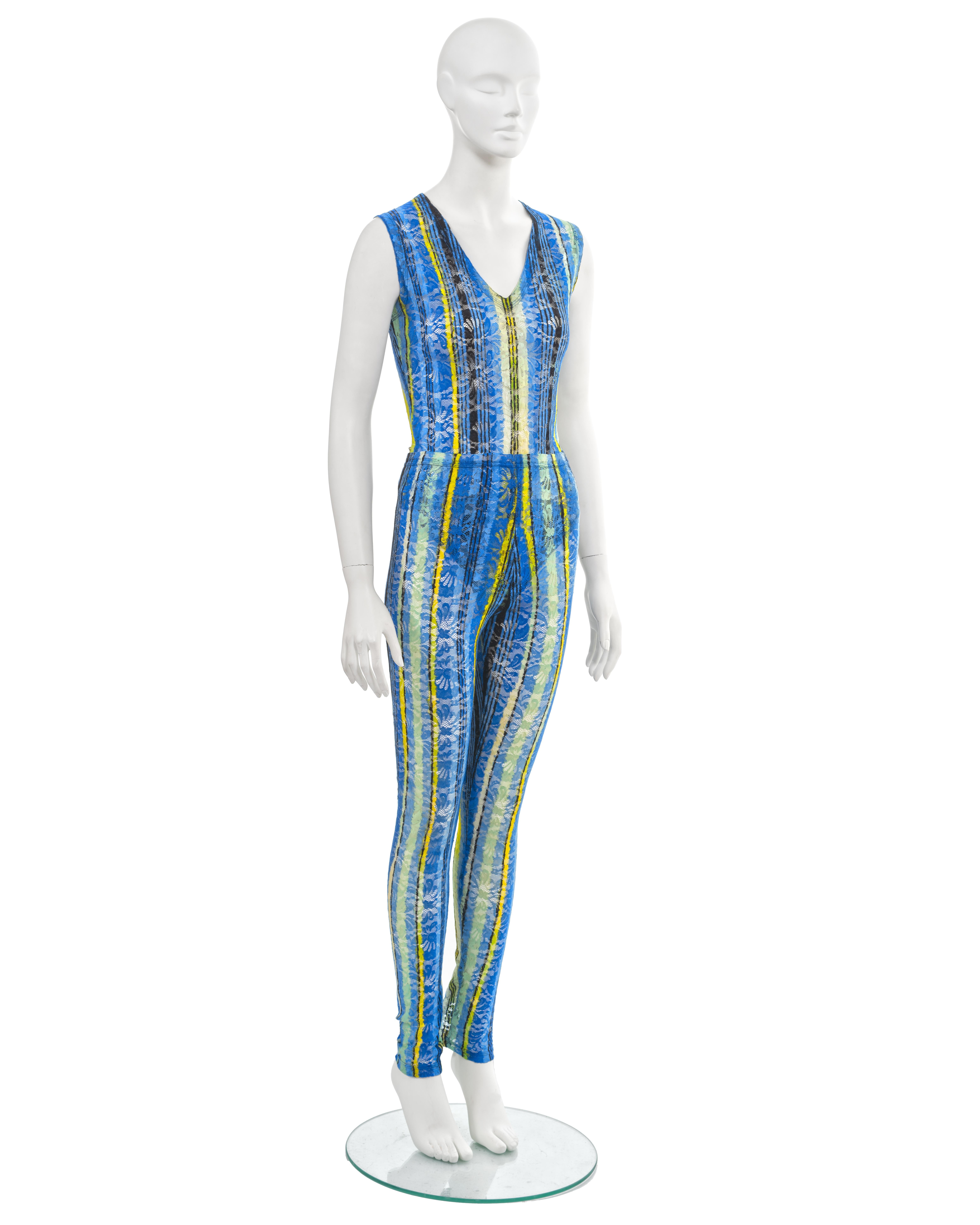 Gianni Versace: blauer Spitzen-Bodysuit und Leggings-Set, fw 1993 Damen im Angebot