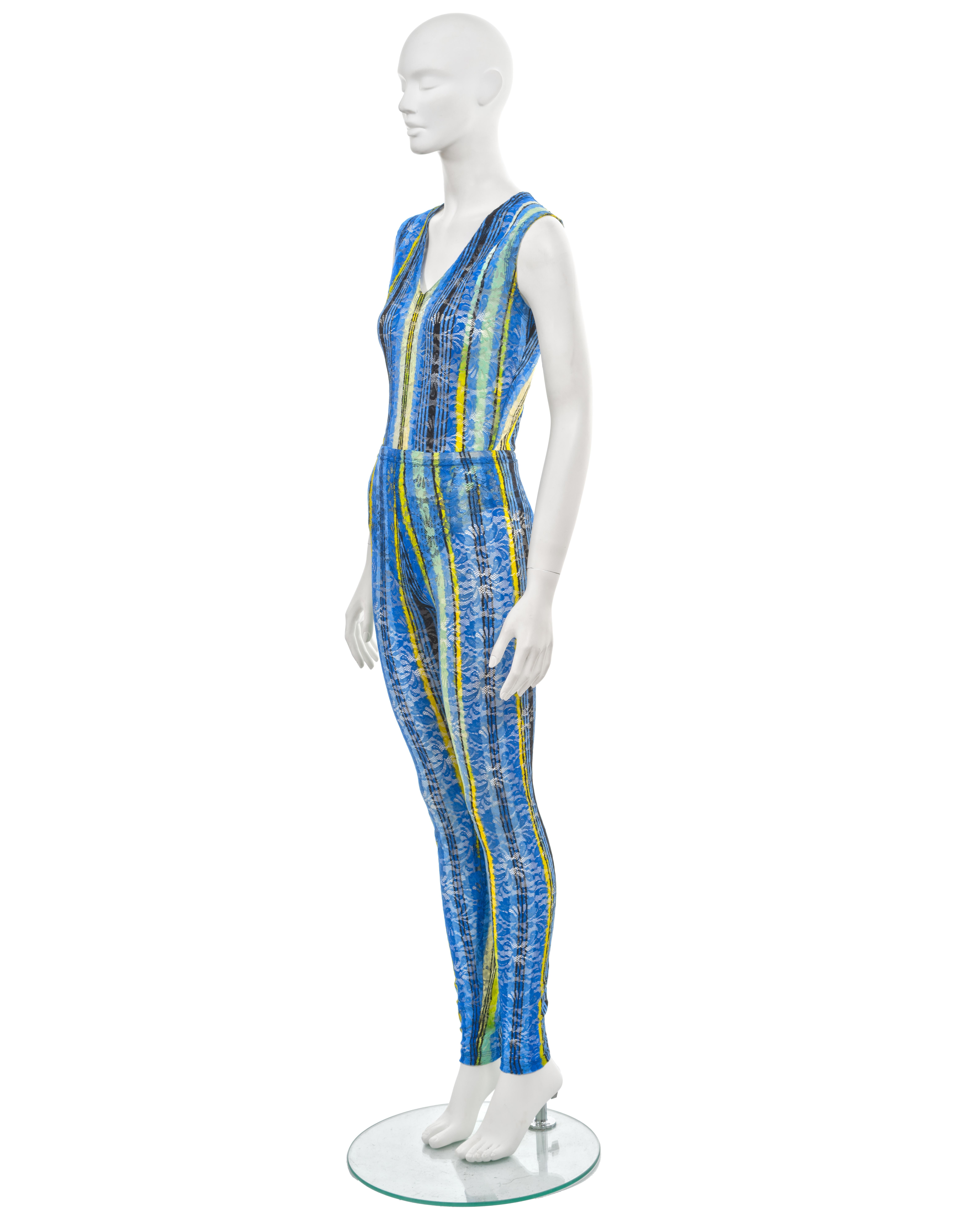 Gianni Versace: blauer Spitzen-Bodysuit und Leggings-Set, fw 1993 im Angebot 2