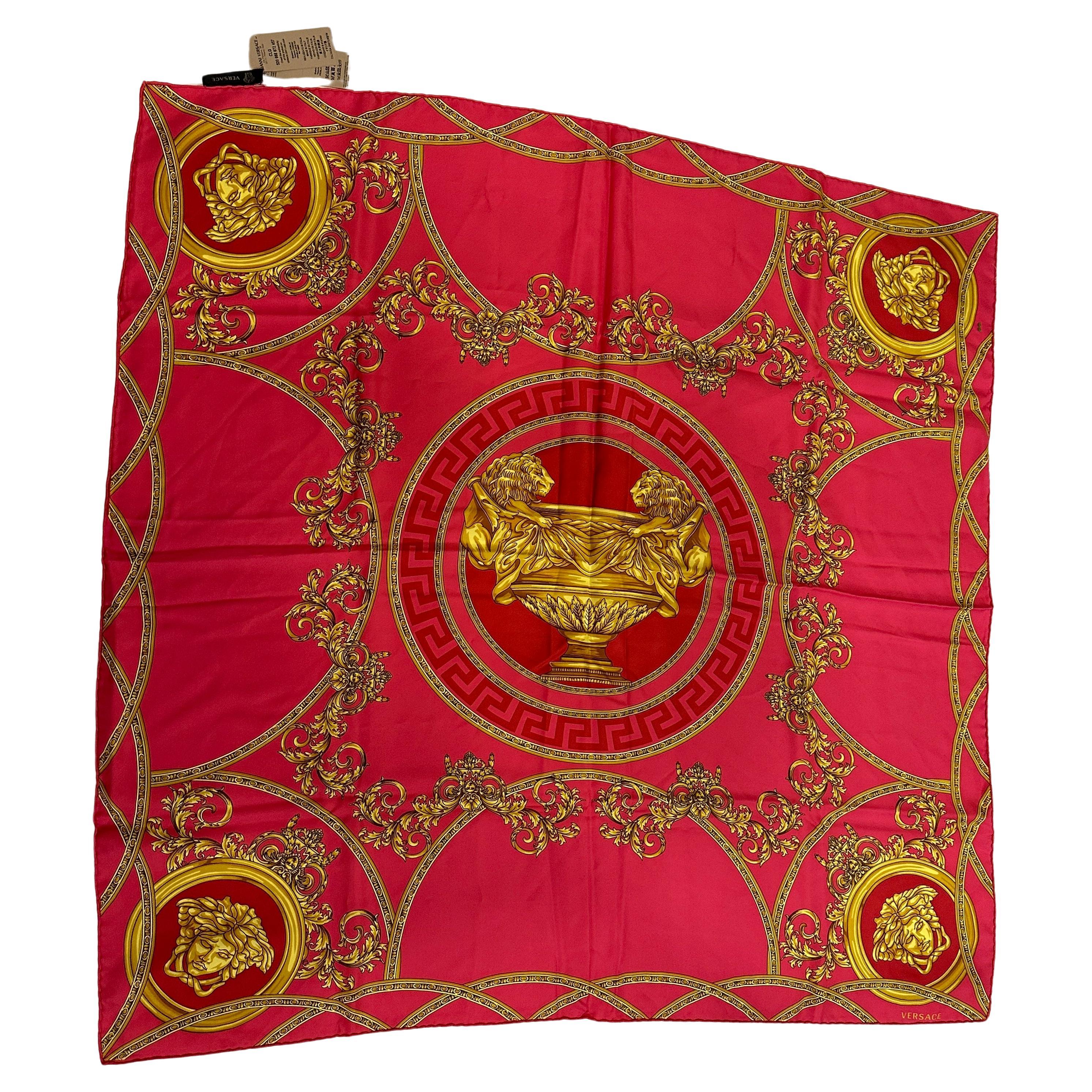 Gianni Versace Bold Fuchsia & Gold "House Of Versace" Silk Jacquard Scarf For Sale