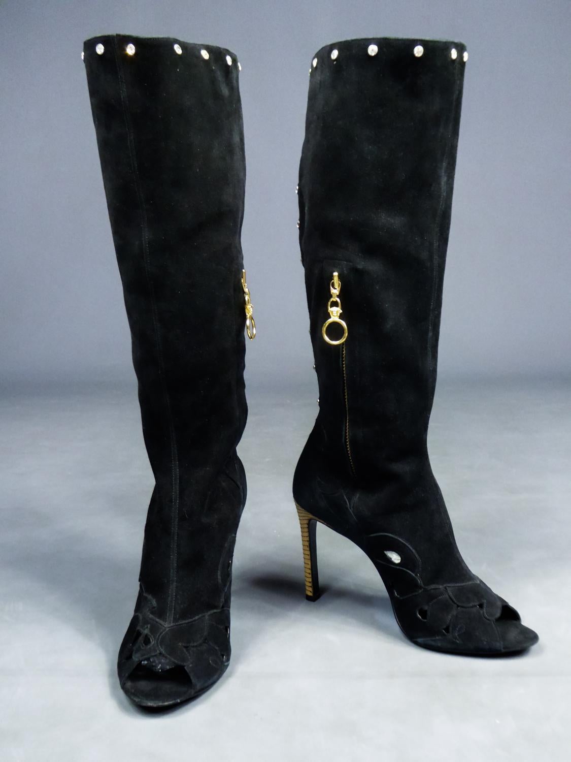 Gianni Versace Boots in Suede and Swarovski Rhinestone Circa 2000 For Sale 4