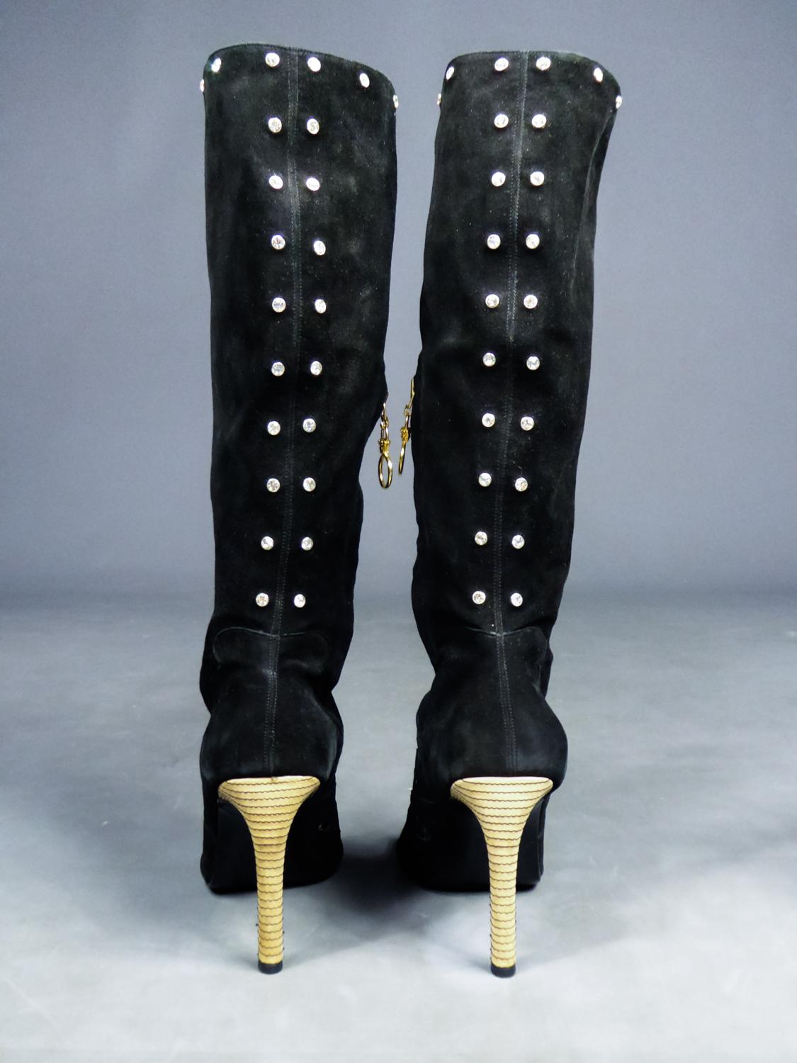 Black Gianni Versace Boots in Suede and Swarovski Rhinestone Circa 2000 For Sale