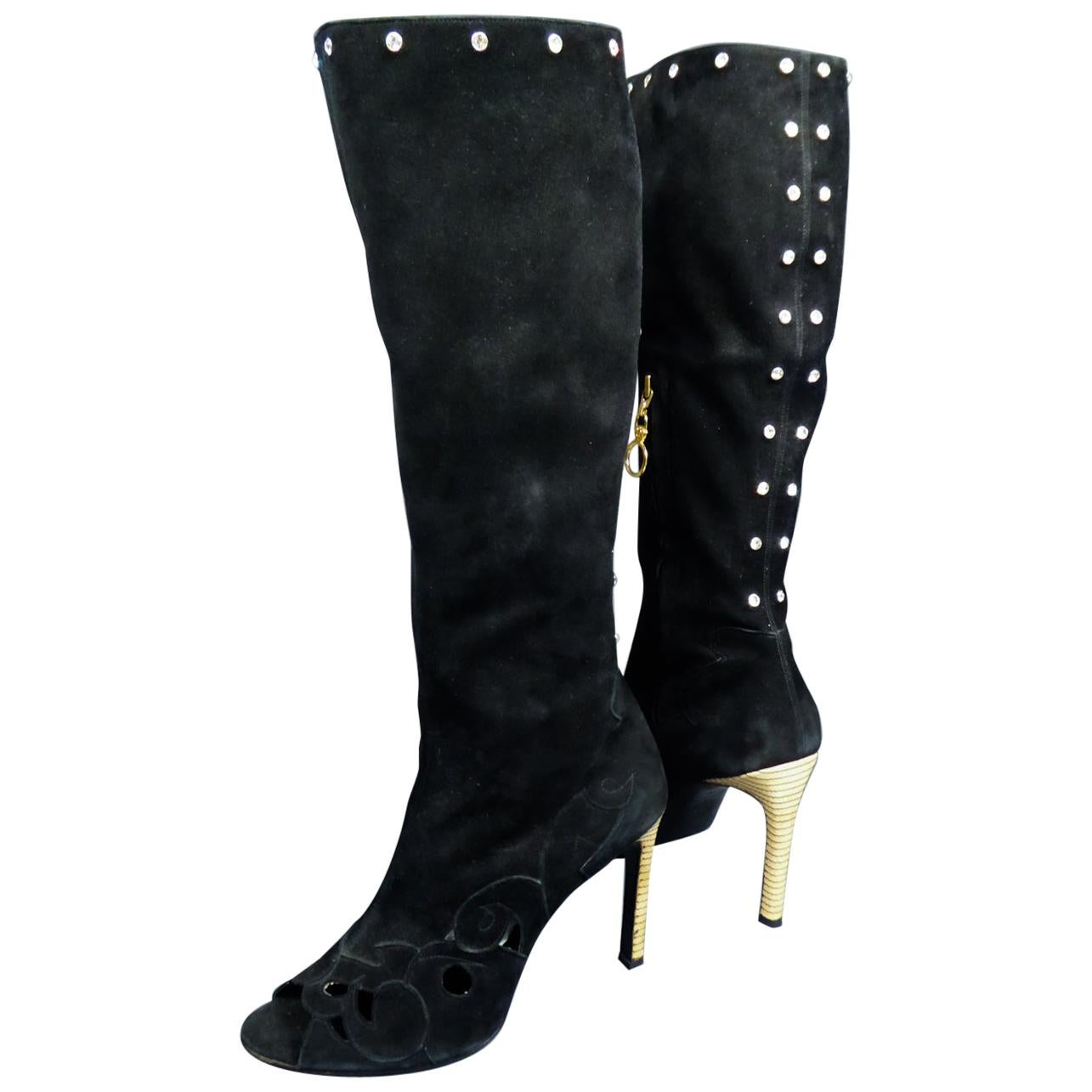 Gianni Versace Boots in Suede and Swarovski Rhinestone Circa 2000 For Sale