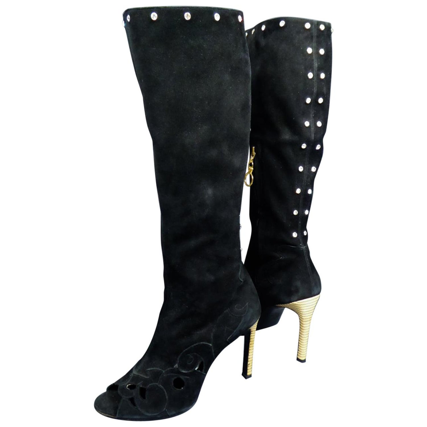 Gianni Versace Boots in Suede and Swarovski Rhinestone Circa 2000 For Sale  at 1stDibs