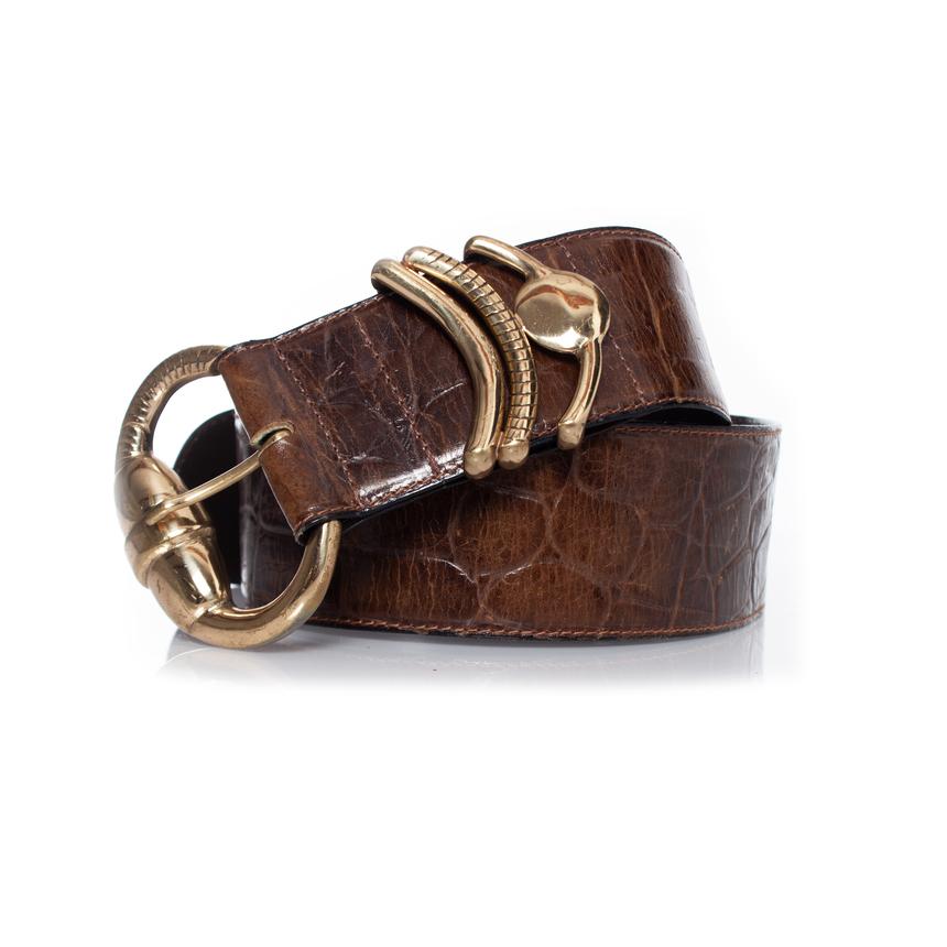 Black Gianni Versace, Brown croc stamped leather belt For Sale