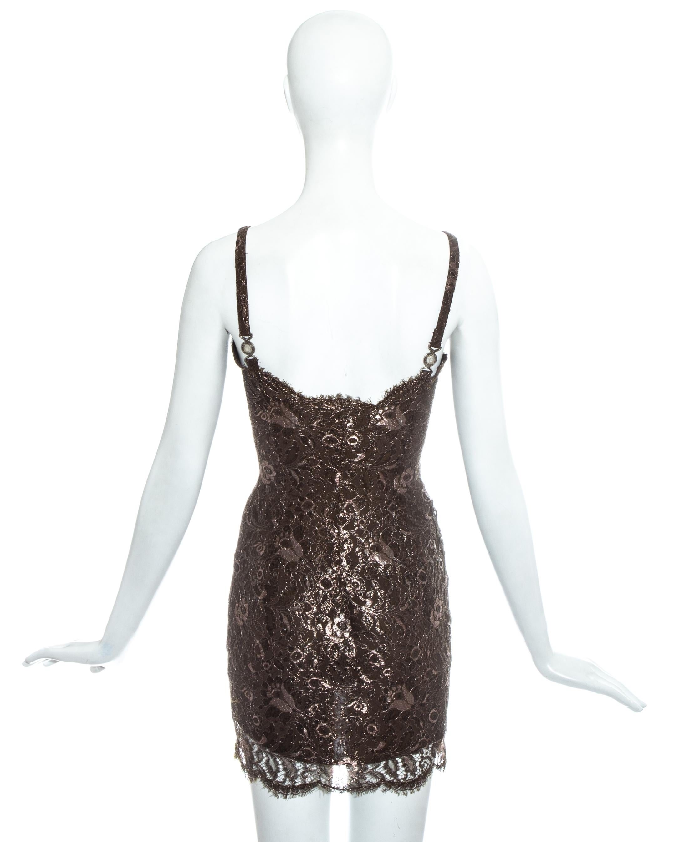 Black Gianni Versace brown lame lace silk mini dress, fw 1996