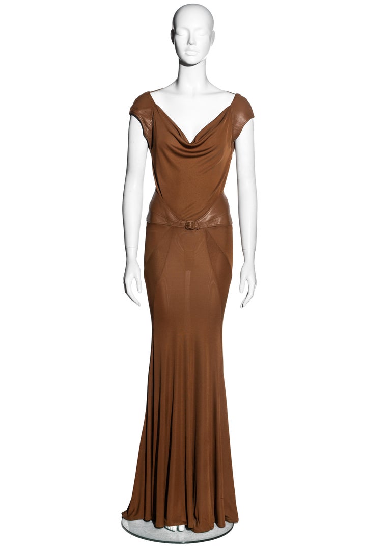 Gianni Versace brown leather and viscose jersey evening dress, fw 2001 at 1stDibs