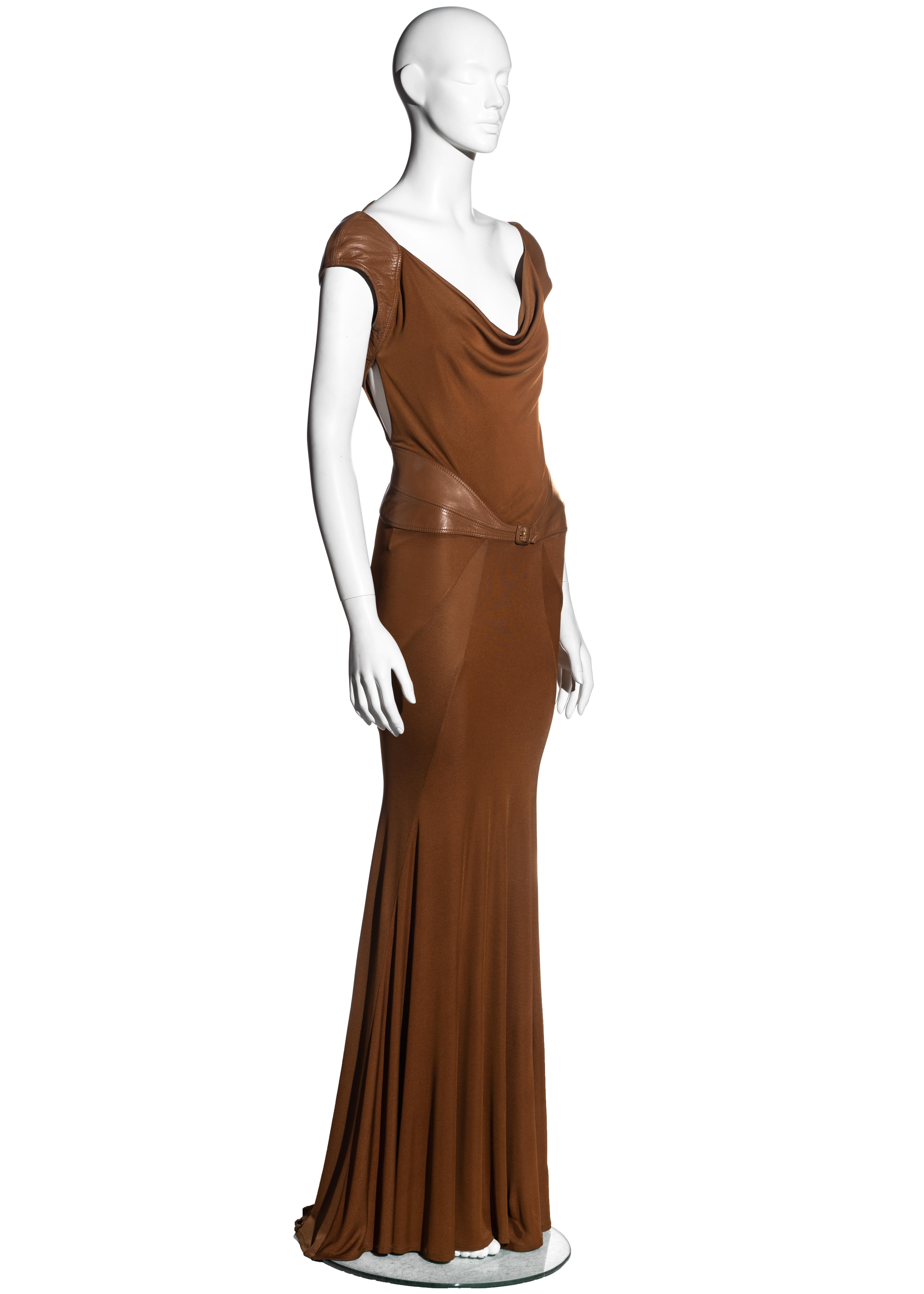 Brown Gianni Versace brown leather and viscose jersey evening dress, fw 2001 For Sale