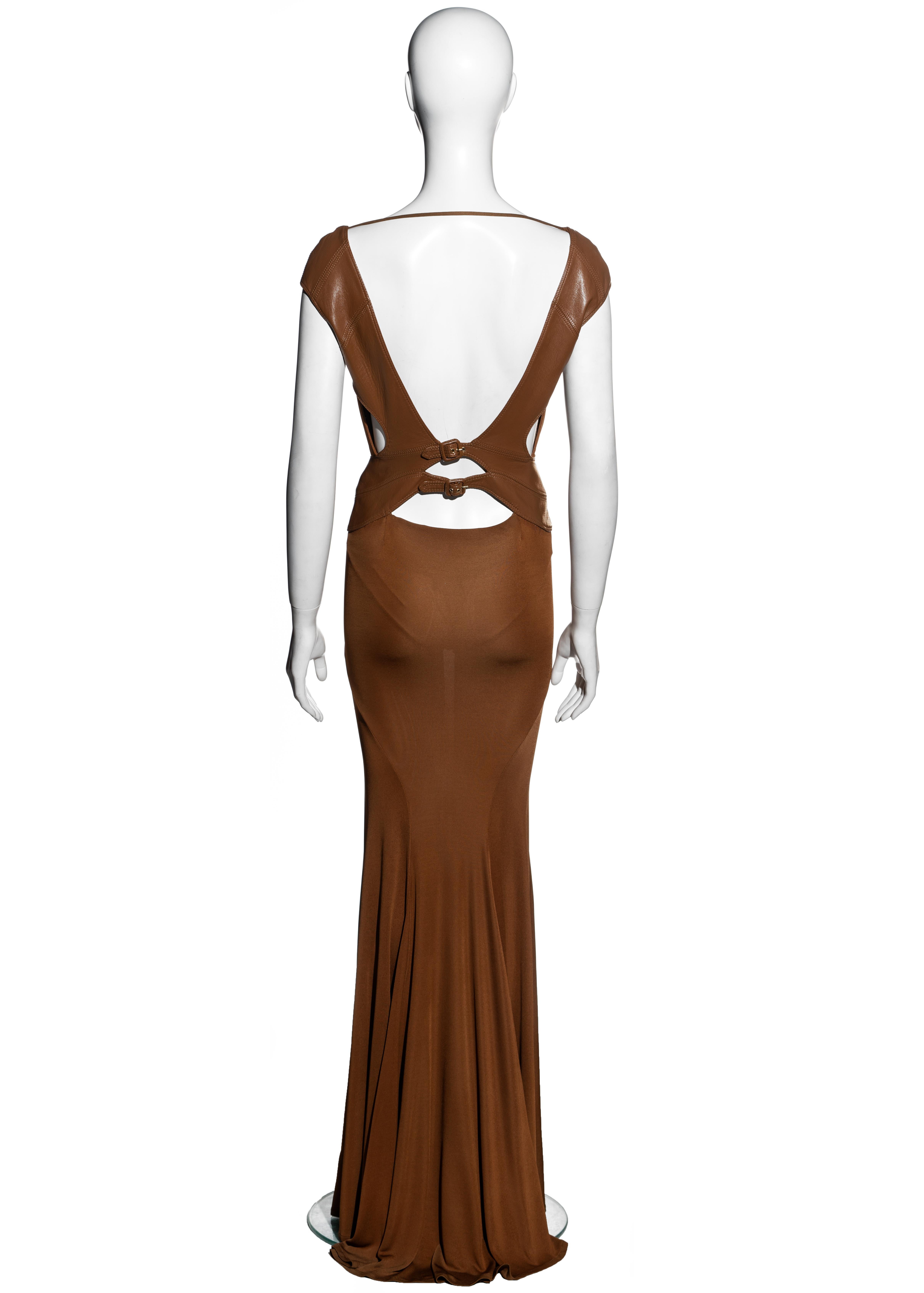 Gianni Versace brown leather and viscose jersey evening dress, fw 2001 In Good Condition For Sale In London, GB