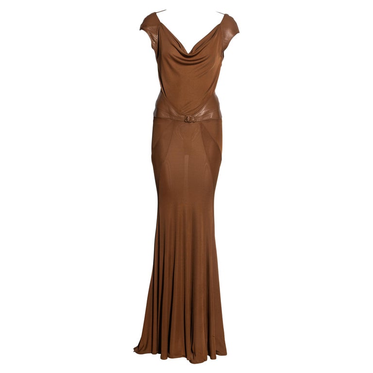 versace brown dress Versace - Long Sleeve Brown and Pale blue Dress with Open Back