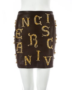 Gianni Versace brown leather skirt with gold crystal embellishment, fw 1997