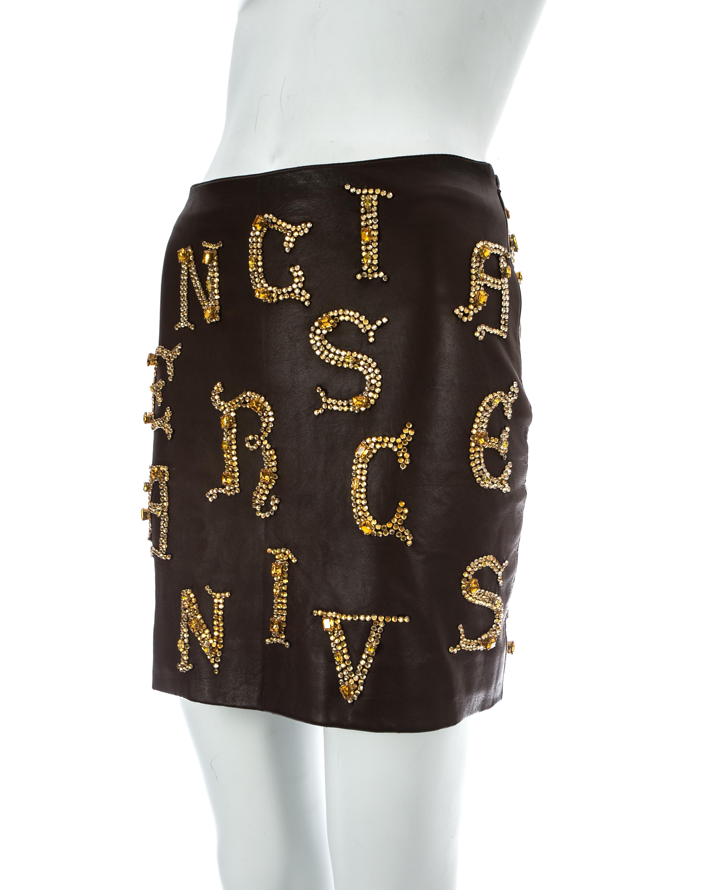 Gianni Versace brown leather skirt with gold crystal embellishment, fw 1997 For Sale 1