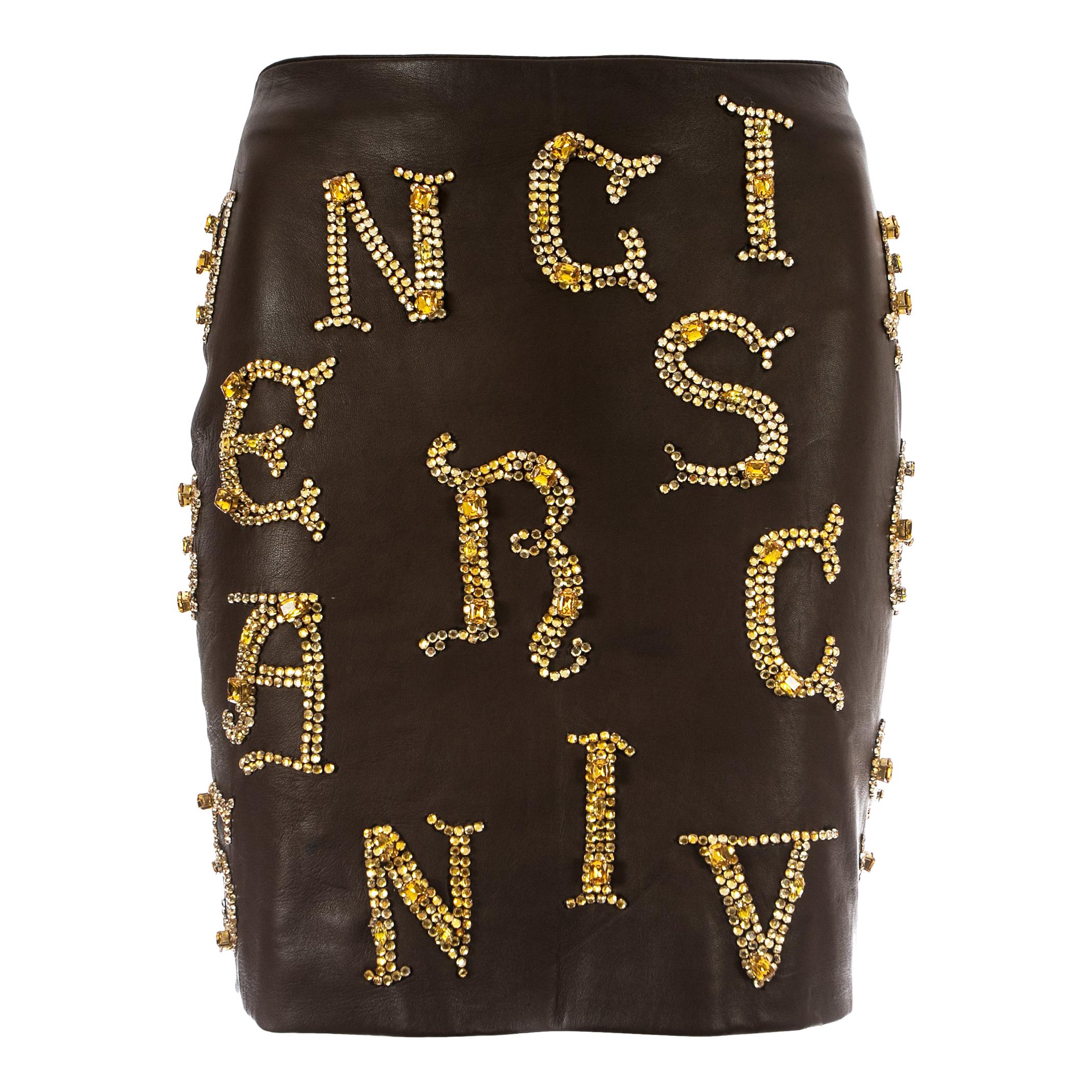 Gianni Versace brown leather skirt with gold crystal embellishment, fw 1997