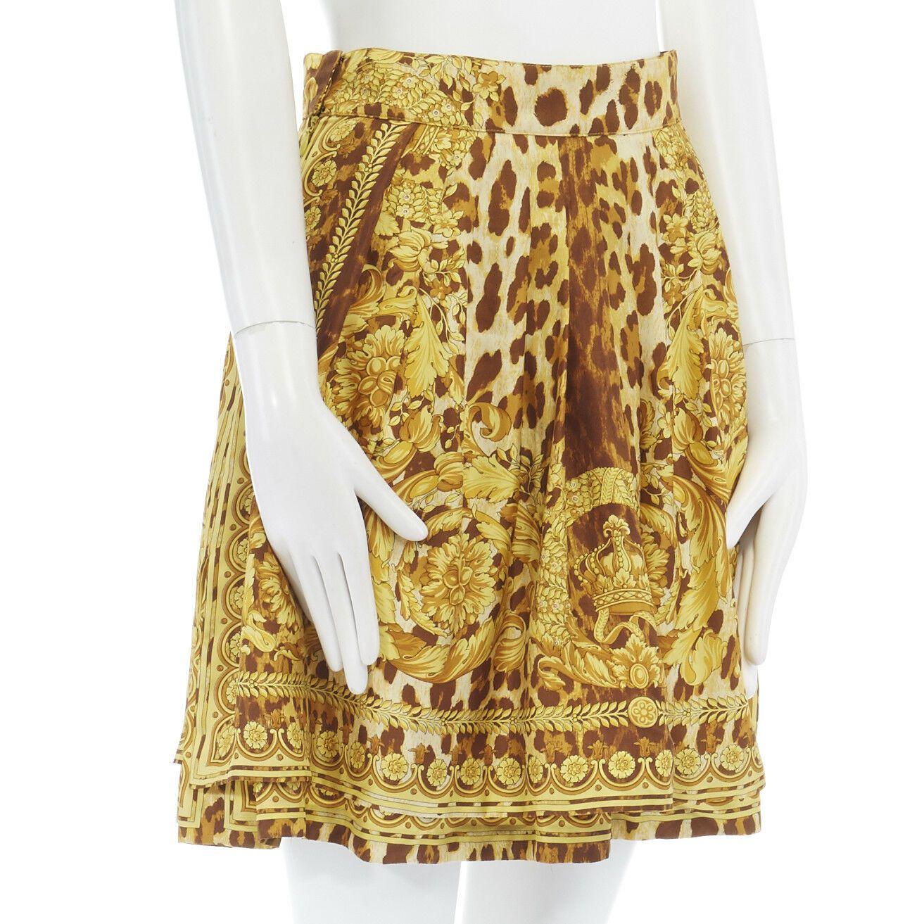 GIANNI VERSACE brown leopard gold baroque rococo print flared mini skirt IT42 M In Excellent Condition In Hong Kong, NT