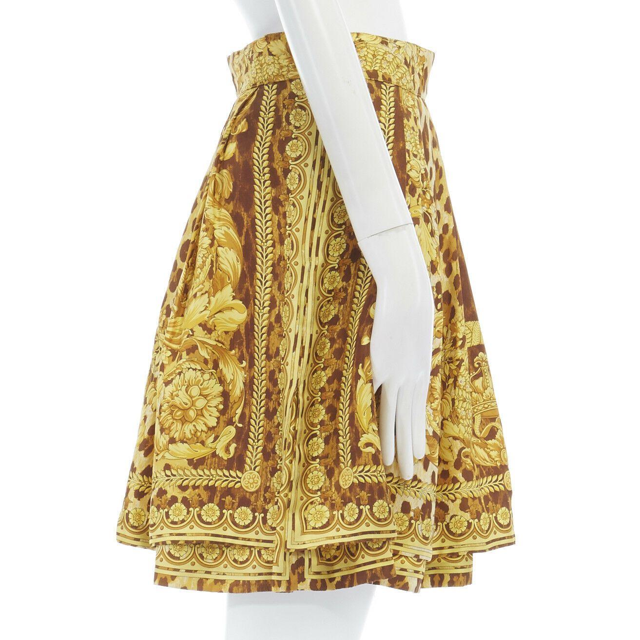Women's GIANNI VERSACE brown leopard gold baroque rococo print flared mini skirt IT42 M