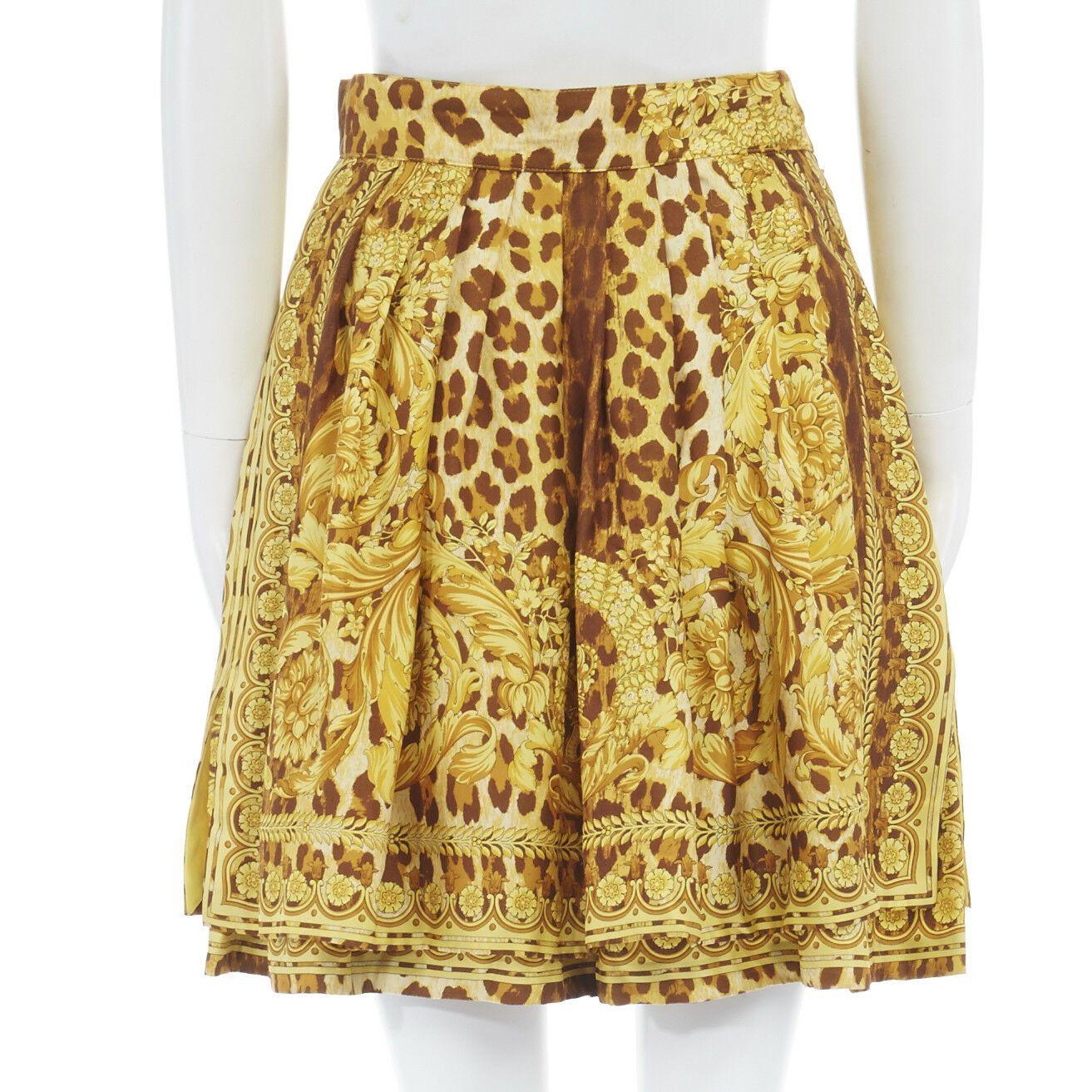 GIANNI VERSACE brown leopard gold baroque rococo print flared mini skirt IT42 M 1