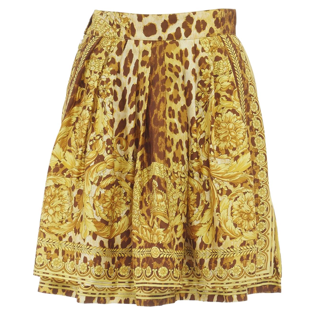 GIANNI VERSACE brown leopard gold baroque rococo print flared mini skirt IT42 M