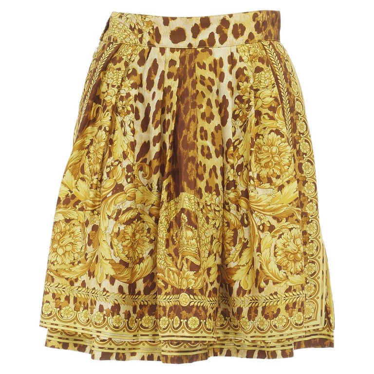 GIANNI VERSACE brown leopard gold baroque rococo print flared mini skirt IT42 M For Sale